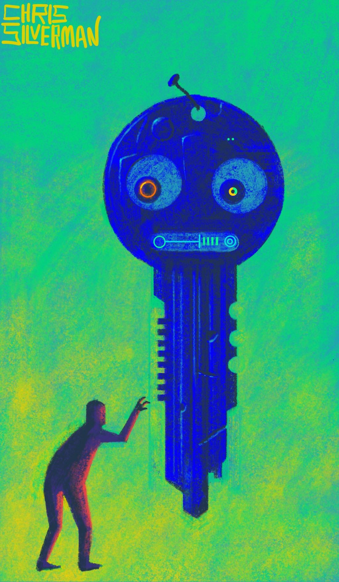 A giant blue key hangs from a nail. The key is the shape of a regular house key, but has two large, staring eyes at the top and weird striations and lights all along it. It has a mouth with glowing teeth that look like circuitry. Below it, and to the left, is a small humanoid figure about a third the size of the key, reaching towards it. The background is a greenish blue fading to yellow. The painting is signed "Chris Silverman".