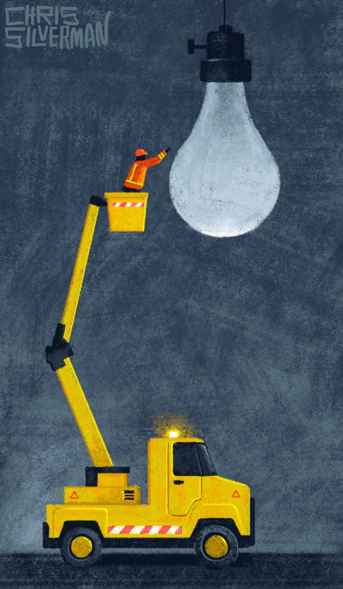 A giant incandescent lightbulb hangs in a dark gray space. The bulb is not lit. Below it is parked a yellow truck with a cherrypicker. The cherrypicker extends up towards the bulb, and a worker wearing an orange and fluorescent green coat stands in the basket, reaching towards the lightbulb. It's unclear how the worker is going to change the bulb, since comparatively the light bulb is the size of a small house. The truck has an orange flashing light on top, several red triangular warning decals, and a few red and white hazard stripes. The painting is signed "Chris Silverman".