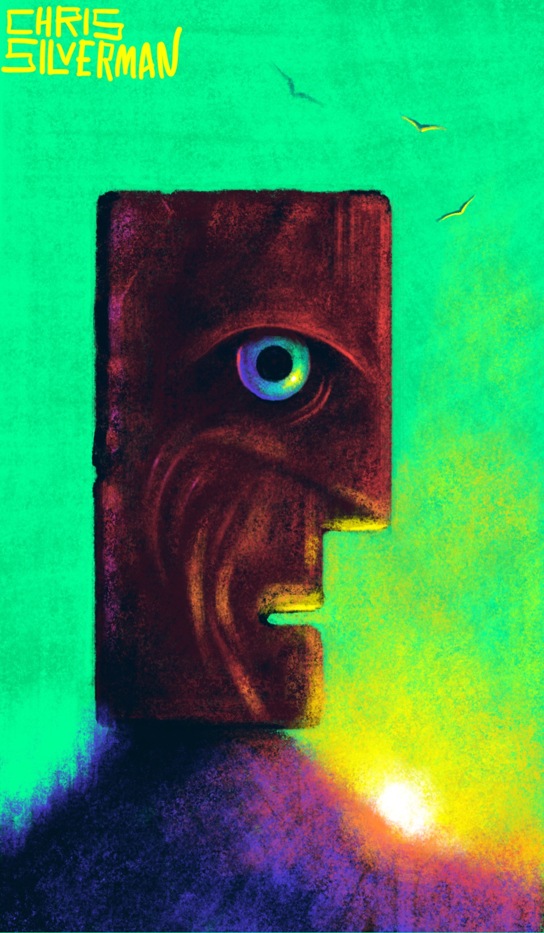 A large, rectangular head is balanced on a small hill. The head is vaguely shaped like the "talking head" icon on classic Macs. It looks like it is made of slightly iridescent stone or metal, and has a reddish-purple sheen to it. The face is craggy and alien in appearance. Its most striking feature is its glowing rainbow eye. The sky behind it is green, with a blazing white sun on the horizon. The sky is yellow at the horizon, with the sunlight turning the hill purple. A few birds circle in the sky above. The painting is signed "Chris Silverman".