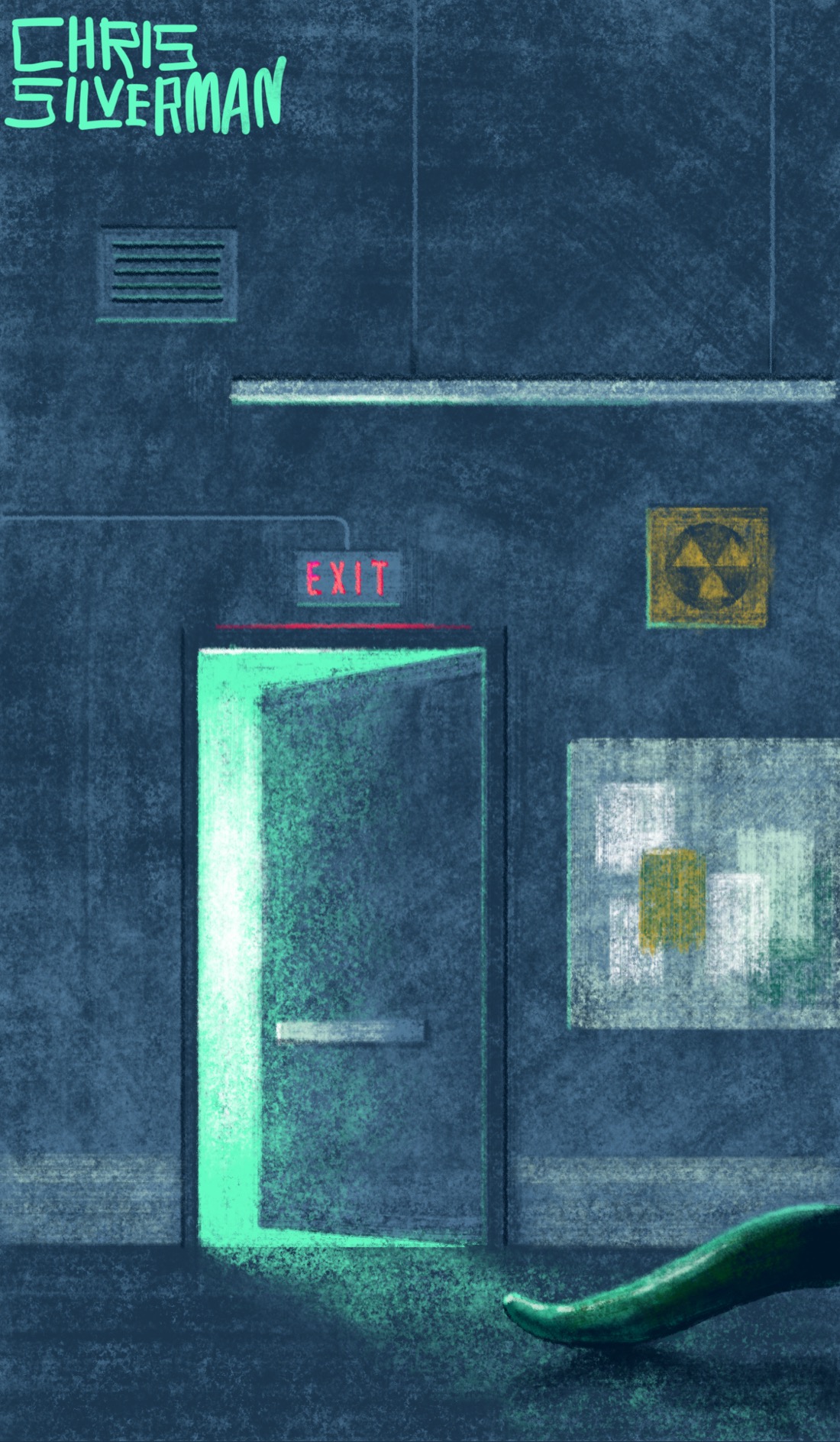A dark, cavernous hallway. A door is cracked open, revealing greenish light from inside. Above the door is a red "exit "sign. On the wall to the right of the door is a large bulletin board with a few barely distinguishable papers fixed to it, and a yellow and black bomb shelter sign above that. Hanging from the ceiling is a long bar shaped fluorescent light, although it is not lit. Snaking out of sight, heading out of the right edge of the drawing, is a long, greenish tail. The painting is signed "Chris Silverman".