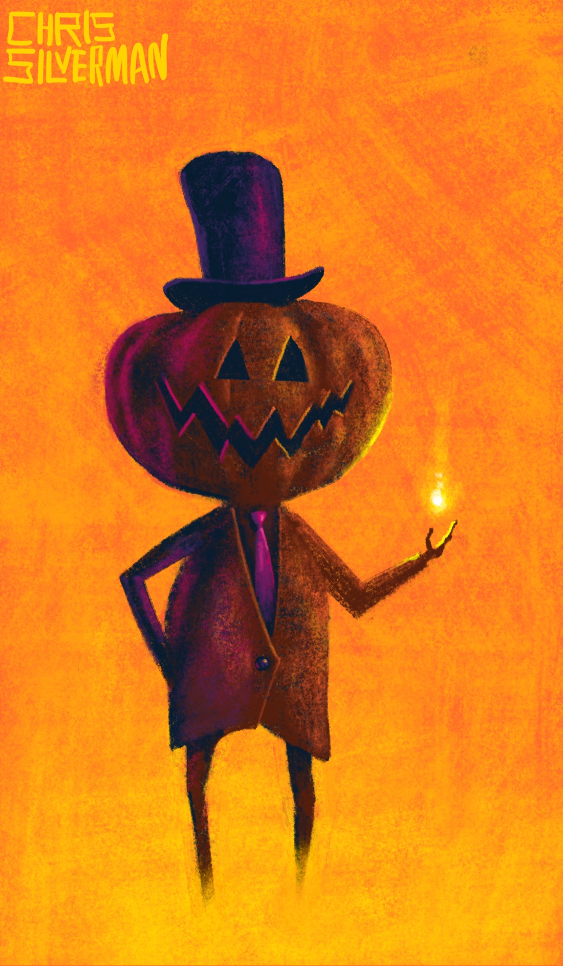 A spooky figure with a grinning pumpkin head, a purpleish top hat, a crimson tie, and a dark brown coat stands against an orange-yellow background. Its right hand is placed on its hip. It's holding out its left hand, above which hovers a bright yellow flame. The painting is signed "Chris Silverman".