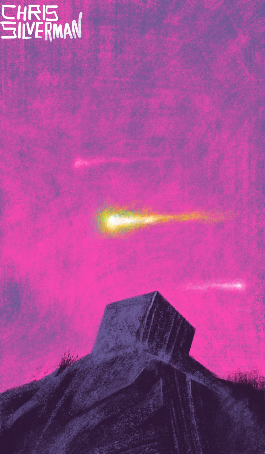 A strange, remote place: a gray, rocky hill under a pink sky. At the top of the hill, looking more like an outgrowth of it than a placed object, is a tilted stone cube. Hovering around it are small, glowing wisps of light that appear sentient. In the background is the dim suggestion of a purple tree line. The painting is signed "Chris Silverman".