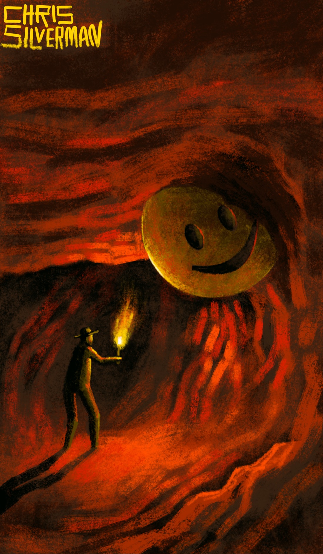 An explorer stands inside a rocky cave. The explorer is holding up a flaming yellow torch; the light turns the surrounding walls red-orange and throws the craggy striations into sharp relief. Embedded in the rock wall and ceiling directly above the explorer is a huge, yellow smiley-face emoji. The painting is signed "Chris Silverman".