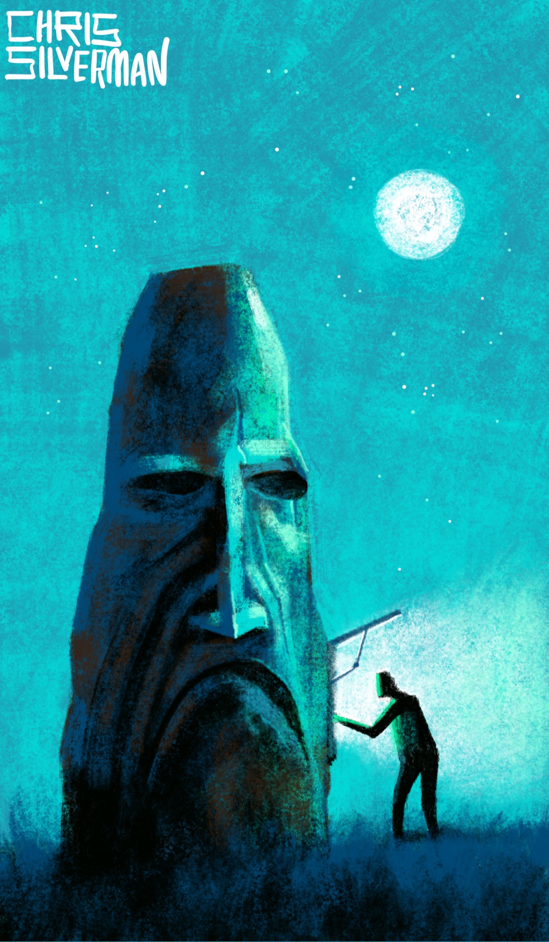 A giant, oblong stone head sits in a dark field on a starry evening. The sky is the soft blue of a clear summer night. The head is the size of a small two-story building, with a craggy, scowling face. On the right side of the head is an open hatchway, suggesting the head has an interior. White light is pouring from the hatchway, and someone is peering into it, reaching into it as though making repairs or adjustments. A full moon sits in the sky, its light glinting off the head. The painting is signed "Chris Silverman".