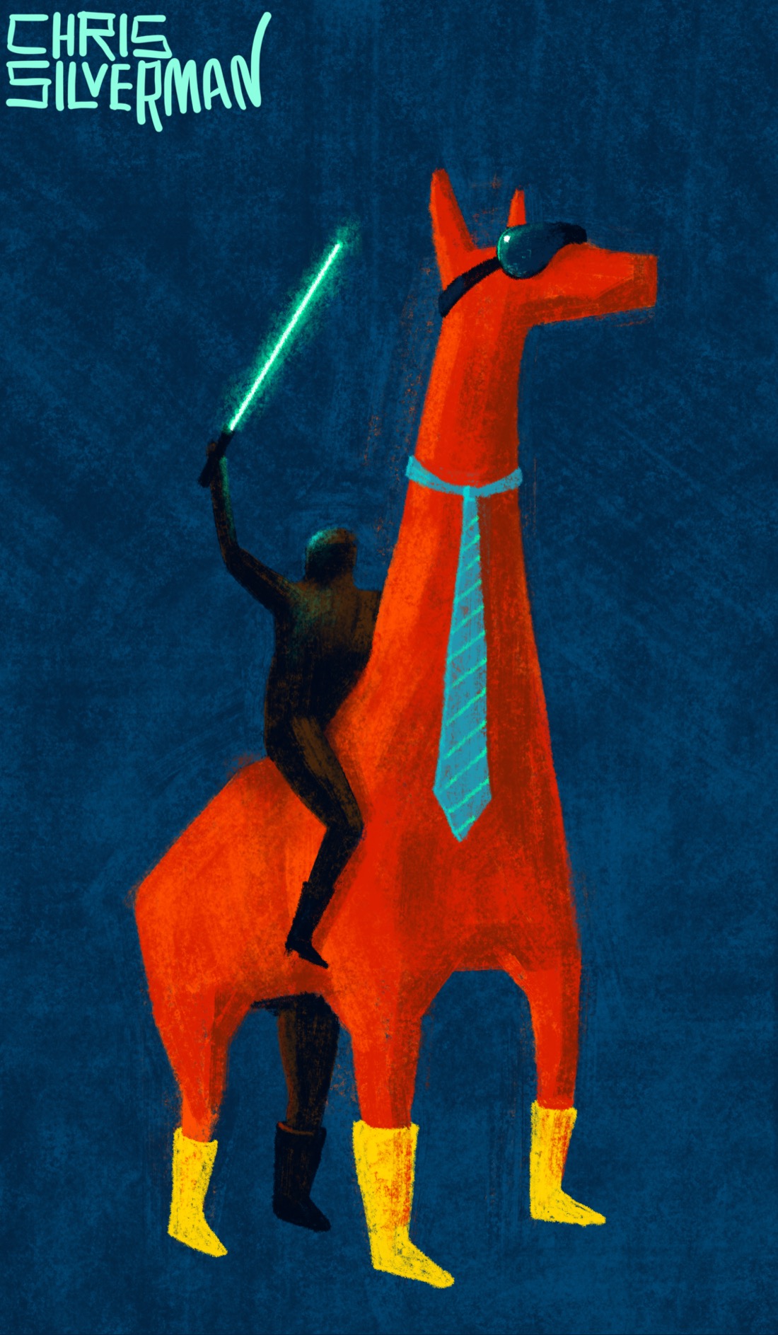 A long-necked orange creature that looks sort of like a cross between a giraffe and a deer stands against a dark blue background. The creature is wearing a blue necktie with green stripes, a VR headset, and yellow boots. Sitting on its back is a dark figure wielding a green light saber. This fever dream is signed "Chris Silverman".