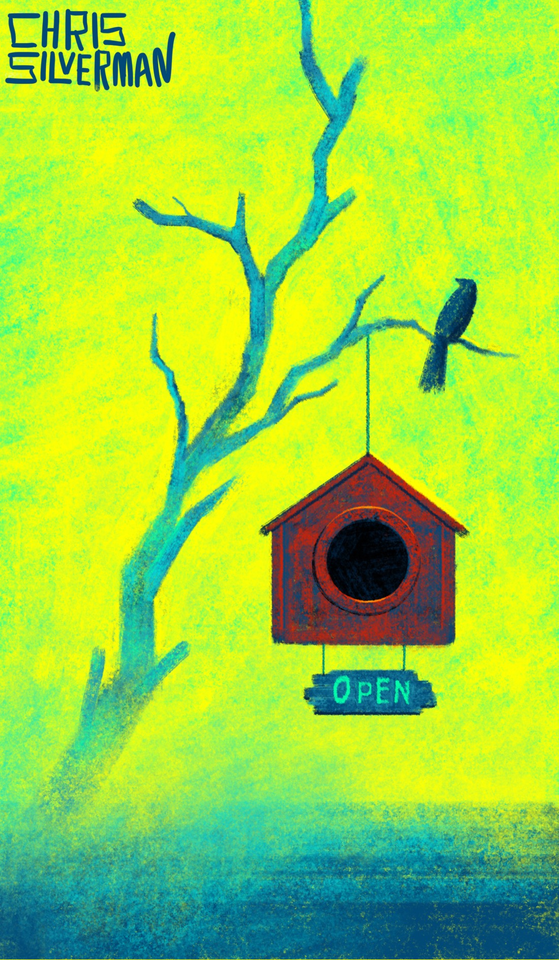A desolate scene: flat, bluish ground, yellow-green sky, and the leafless hulk of a tree extending up to the sky like a vine. A small red house hangs like a birdhouse from the longest branch on the tree. The house is rough-textured, with a single circular opening, and looks like it is made of metal. Hanging from the house below it is a small blue sign with the word "Open". Sitting on the same branch is a dark bird. The painting is signed "Chris Silverman".