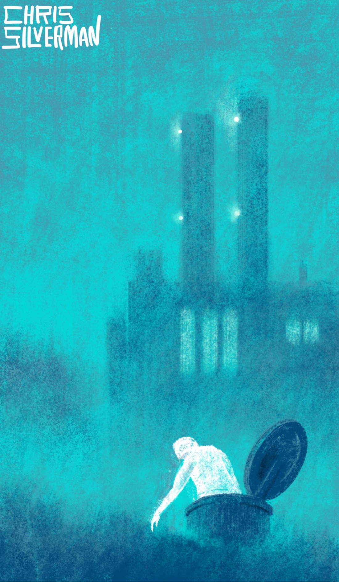 A dull blue world. In the background, a vast factory with tall windows and two tall smokestacks looms out of the fog. Next to it is a blurry treeline. The smokestacks have small white glowing lights on them. In the foreground is a large pipe sticking out of the ground. The pipe has a hinged lid, like a manhole cover, which is raised. Climbing out of the pipe is a white humanoid creature. The painting is signed "Chris Silverman".