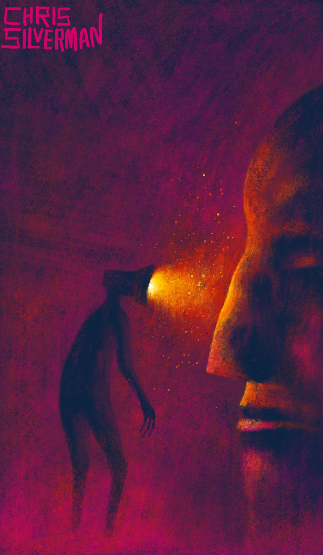 A dark figure with a desk lamp for a head stands in a dark crimson space. The figure has long arms and long fingers. The lamp casts a bright orange-red beam on a huge face in front of the lamp person. The face is seen in profile, and looks like it is made of stone. Its eyes are closed. Small glowing particles float in the lamp beam. The painting is signed "Chris Silverman".