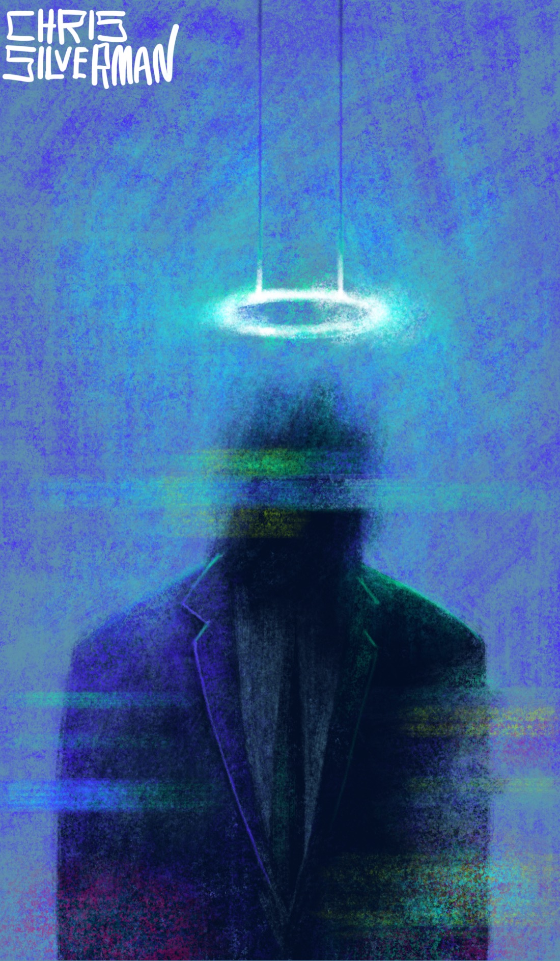 A weird figure, mostly in shadow, wearing a dark indigo suit and a black tie. The figure's head is blurry and entirely black. Colored stripes of iridescent green and light blue overlay the figure and obscure its face; the effect suggests static or digital distortion. The figure stands against a dark indigo-greenish background. Hanging above its head is a glowing white halo with a greenish tinge. The halo is suspended from two clearly visible strings. The painting is signed "Chris Silverman".