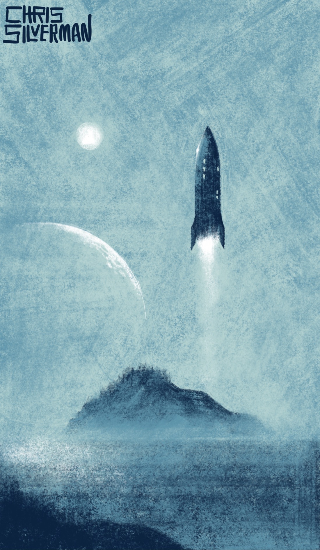 A small island sits in the middle of the ocean. Streaking up from the island is a large rocket ship with small glowing windows on the sides. A white tail of flame traces the ship. In the sky to the left of the ship are a small white sun and a much larger moon; the moon is very close to the planet and appears much larger than the sun. The white sunlight glints off the surface of the ocean. In the close foreground is the rocky silhouette of another body of land. This is a monochrome, predominantly bluish-gray painting, signed "Chris Silverman".