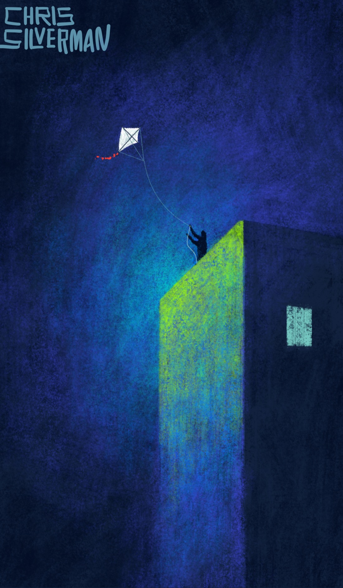 A person stands on a skyscraper. The left face of the skyscraper is illuminated with a bright greenish light that fades to a blurry indigo; the right face is mostly in shadow, with only one glowing window visible. The skyscraper stands against a primarily dark indigo sky, the contrast of which particularly brings out the green light. The middle of the sky has a bluish glow to it. Standing on the roof of the skyscraper, the person is flying a white kite with a red tail into the dark part of the sky. The painting is signed "Chris Silverman".