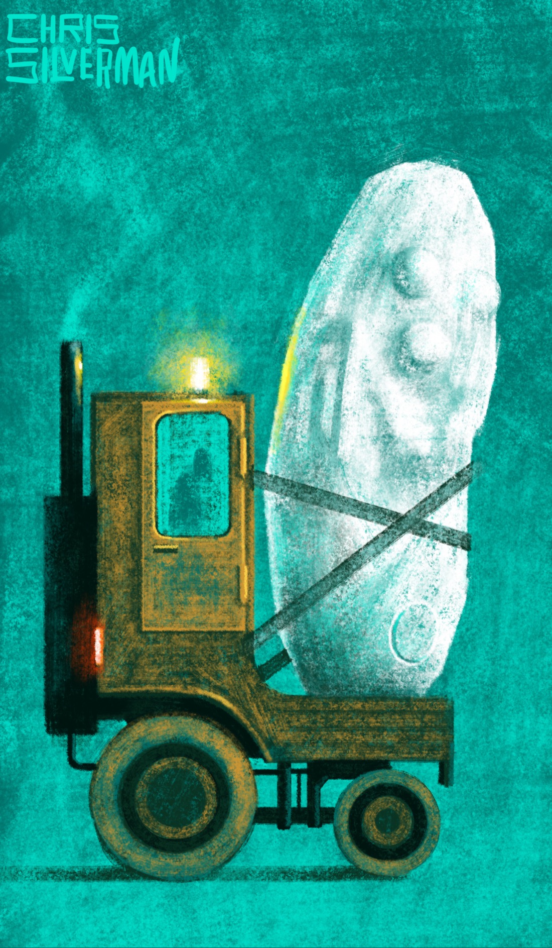 A small, weird vehicle that looks sort of like a condensed reverse pickup truck: a flat bed in the front, with the cab positioned behind it. Behind the cab is a tall black object with a chimney coming out of it. The rear wheel is larger than the front, sort of like a tractor. The truck is a drab green with a yellowish texture, and a yellow light on top. On the bed of the vehicle, held in place with belts, is an odd object: a tall, white, lumpy creation that looks sort of like a pickle. The background is a bluish-green. The painting is signed "Chris Silverman".