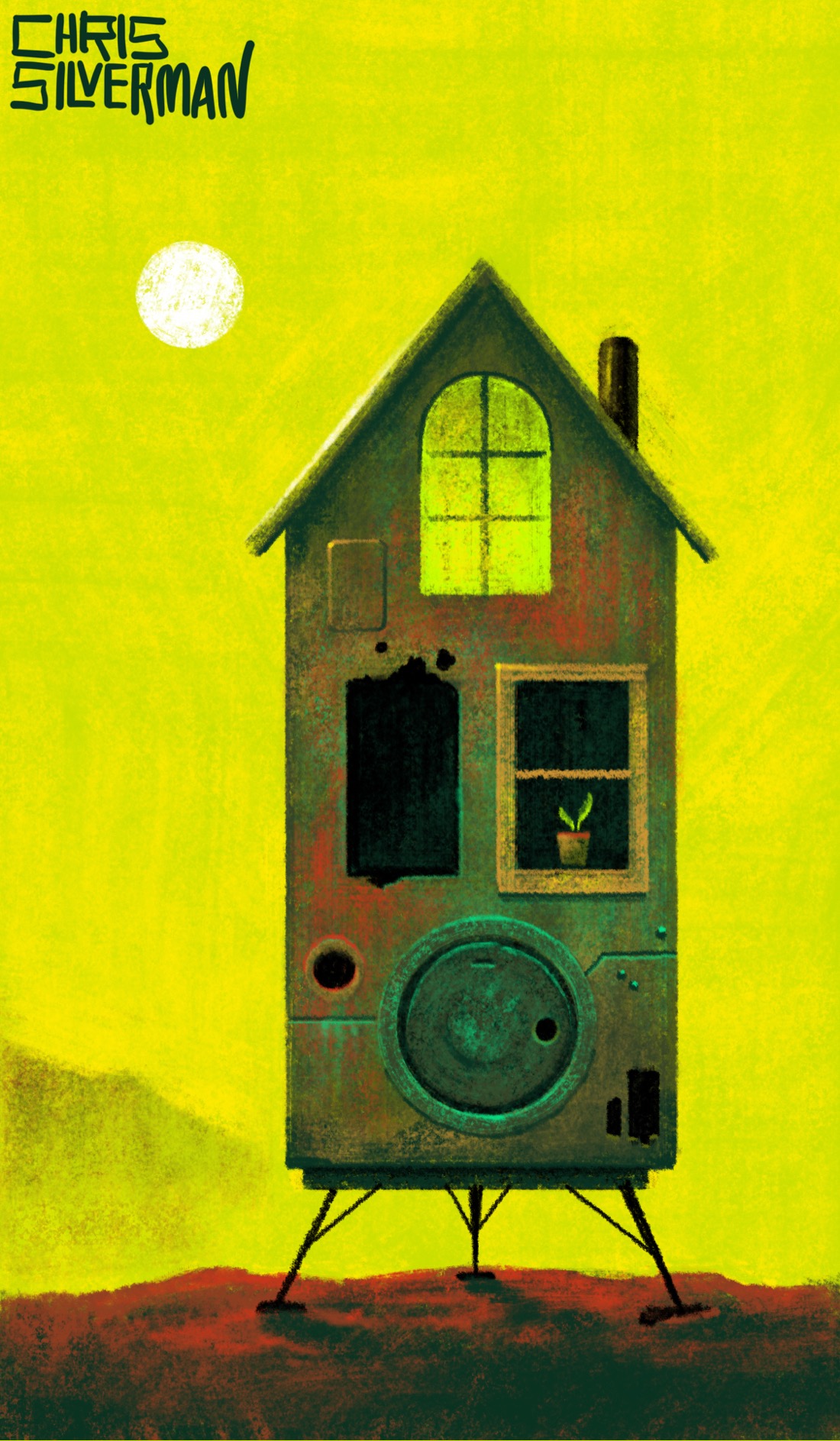 A small, very tall house sits on three thin legs on a barren surface of reddish soil. The legs look like those of a Mars lander. The house appears to have three stories: there is a weird metal circular hatch on the first level, two windows on the second, and a single arched window at the top, directly under the pointed roof. The house looks like it may have been something else earlier—a metal machine, or part of a rocket. The surface is rusty, tarnished metal with tinges of red and blue-green. It has odd holes and seams throughout it. The window on the left is a rusty rectangular gap; the window on the right is a well-maintained window with a plant in it. All windows are dark except for the topmost window, which is glowing green, perhaps reflecting the surrounding greenish-yellow sky. A white sun sits in the sky on the left; a dim mountain is visible in the distance. The painting is signed “Chris Silverman”.