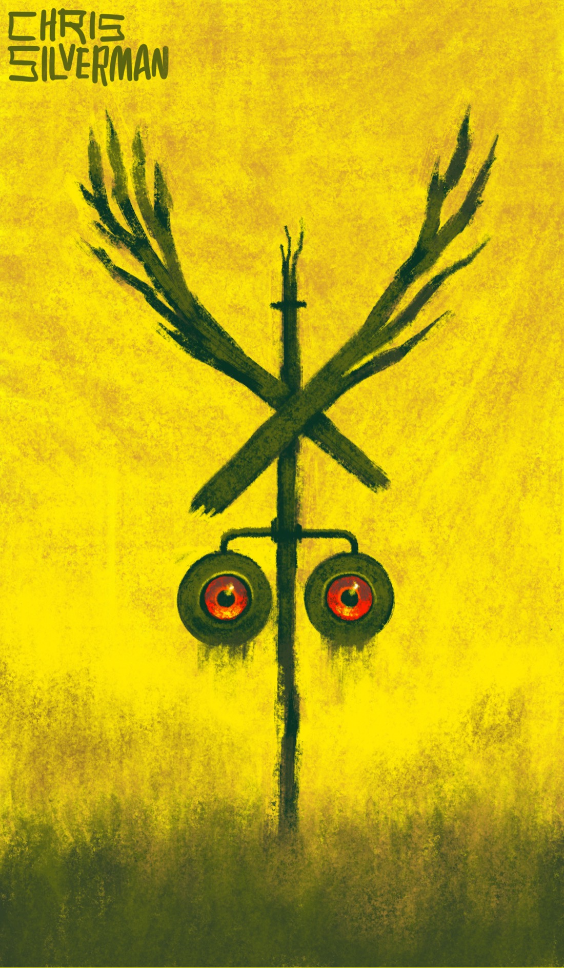 The most pagan railroad crossing you've ever seen. Only the signal is visible, standing in the middle of high grass. The crossbuck, while a recognizable X shape, looks like antlers or crossed branches. Both signal lamps are glowing red and resemble eyes. Some strands of moss hang from them. The grass the signal is standing in is a dull green; the sky is yellow. There's a hint of a brown treeline in the background. Maybe trains are not the only thing you need to be watching for. The painting is signed "Chris Silverman".