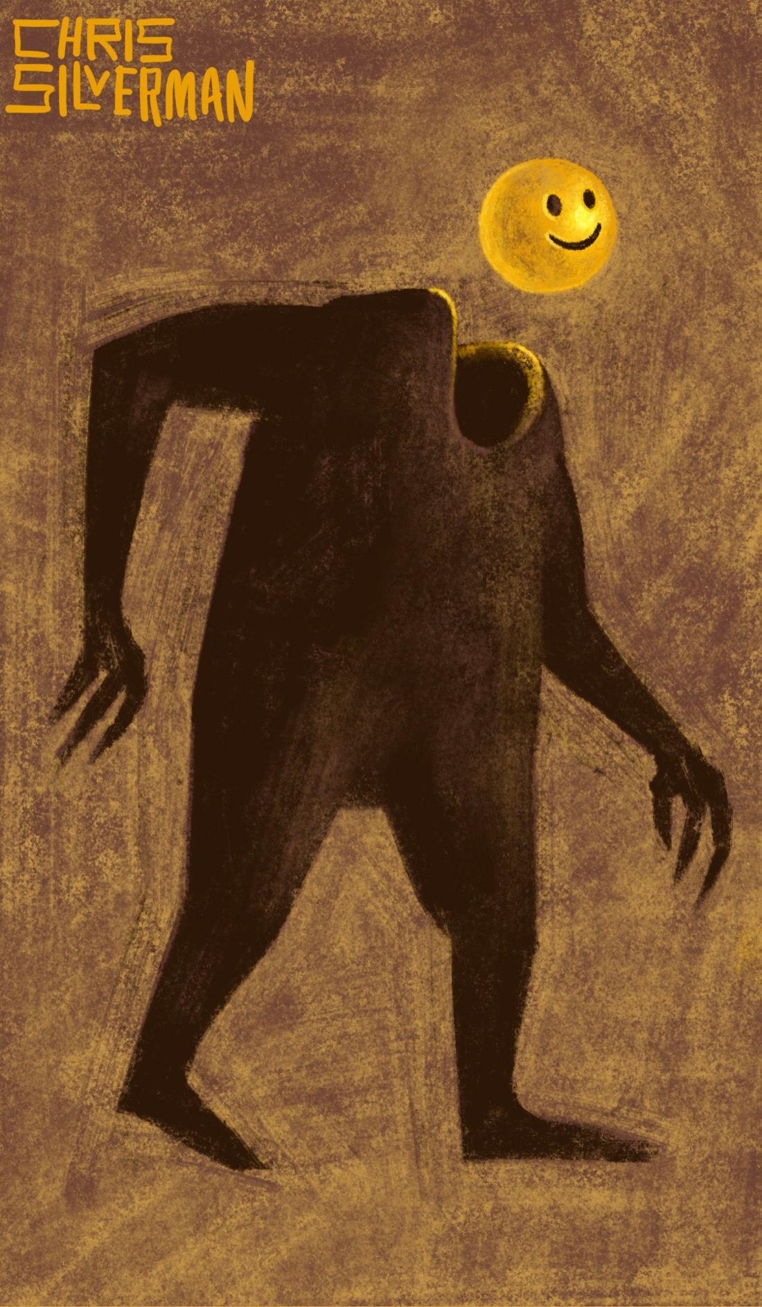 A dark, hulking figure—humanoid, but suggestive of a bear or ape, with long clawlike fingers—shambles forwards in a barren brown space. Where its neck would be is a neatly defined hole, revealing a hollow interior, as though the creature is actually a suit or shell moving on its own volition. Hovering above the hole, casting a golden light on it, is a glowing yellow sphere with a smiley face on it. The painting is signed "Chris Silverman".