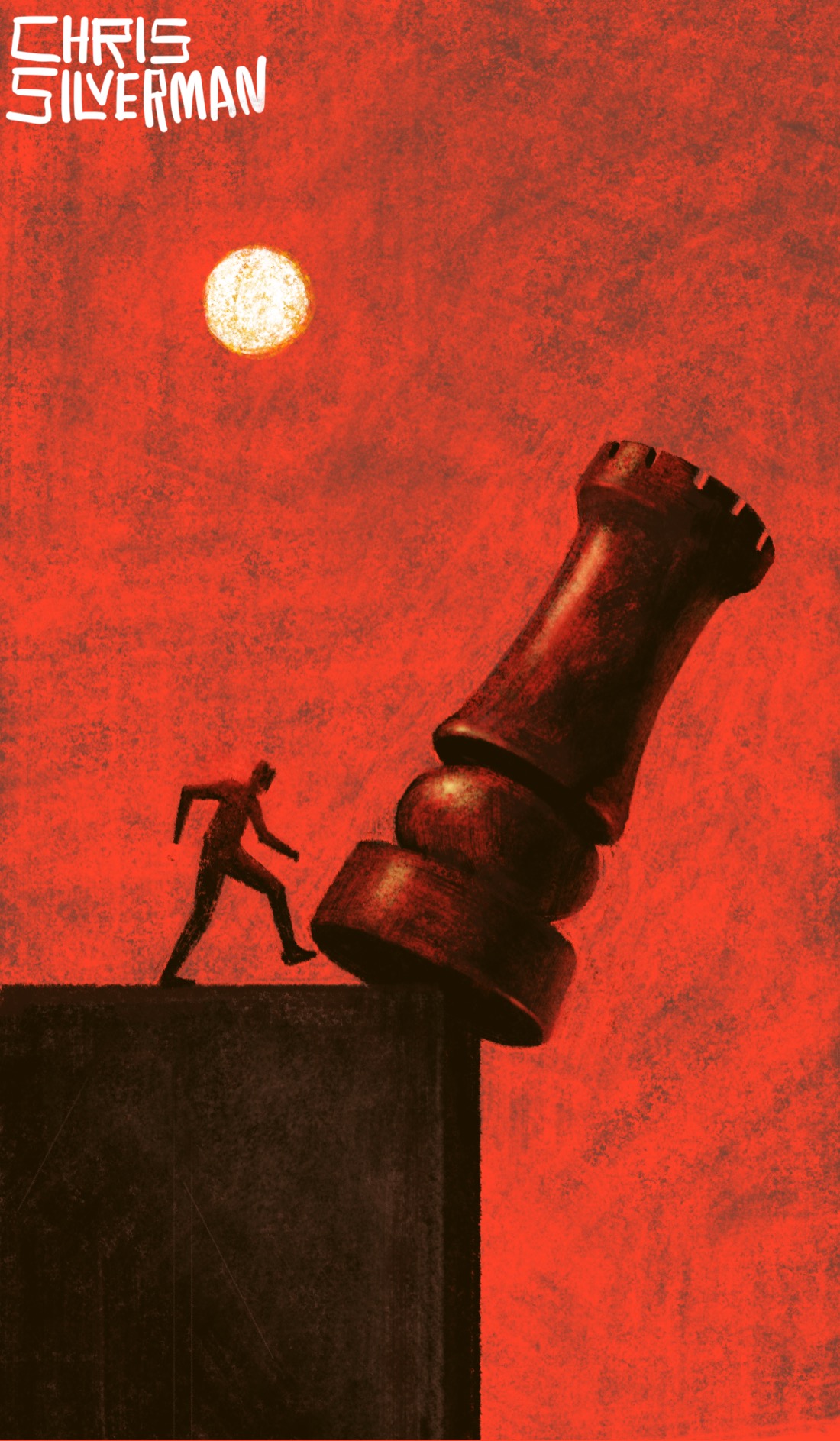 A small figure kicks a giant, building-sized chess rook over a square cliff with precise edges. The cliff is dark brown and appears to be very narrow. The chess rook is dark, polished mahogany. The sky is a bright red, with a white sun in the top left. The painting is signed "Chris Silverman".