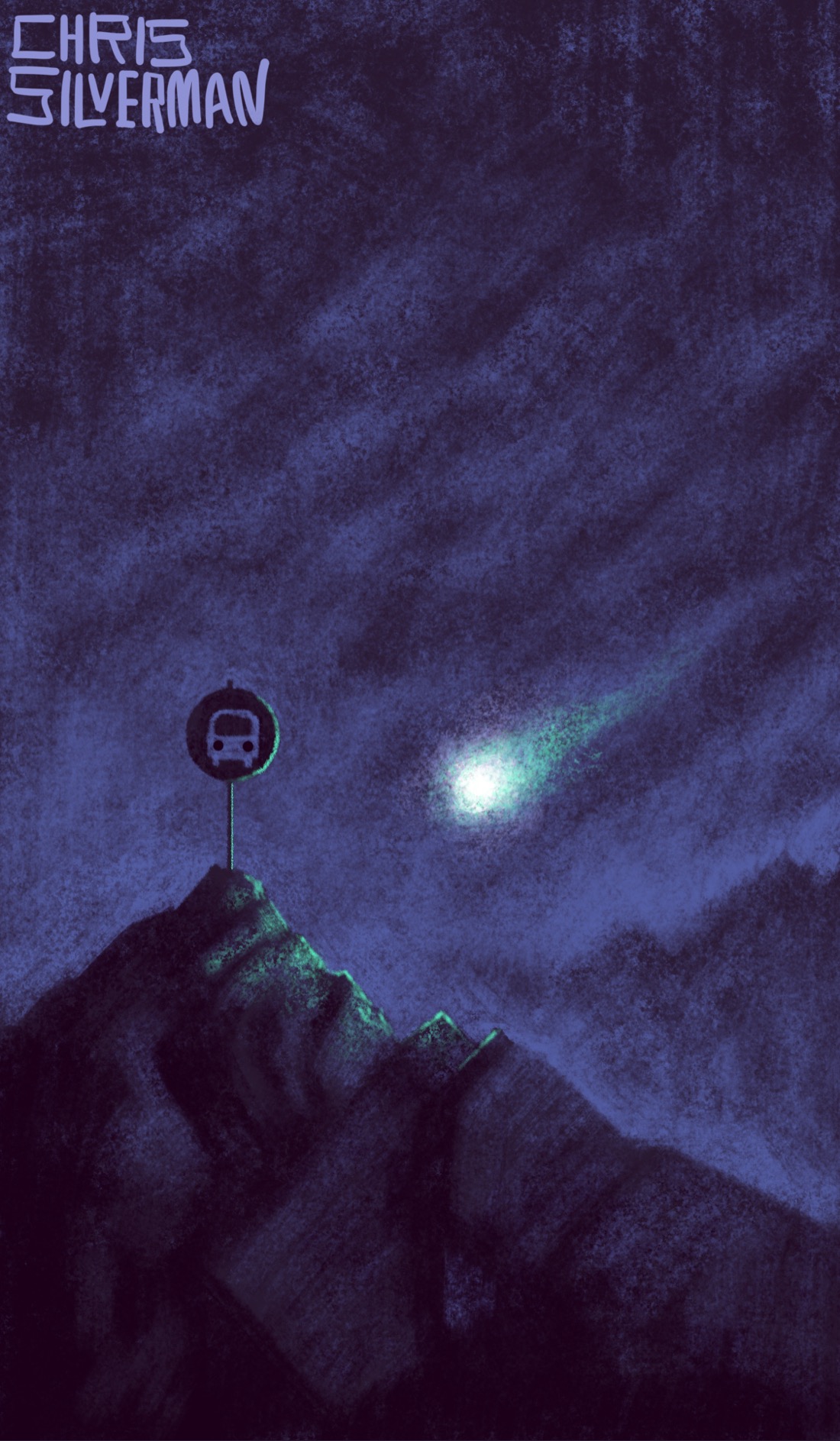 A dark, bleak mountaintop under a dark, bleak sky filled with heavy clouds. In the background is the hazy outline of another mountain range. Hovering above the craggy rocks, casting a greenish light, is a small glowing white orb. It appears to be headed towards a round sign planted at the very peak of the mountain. The sign has an icon of a bus on it. This is a primarily dull purple painting, signed "Chris Silverman".