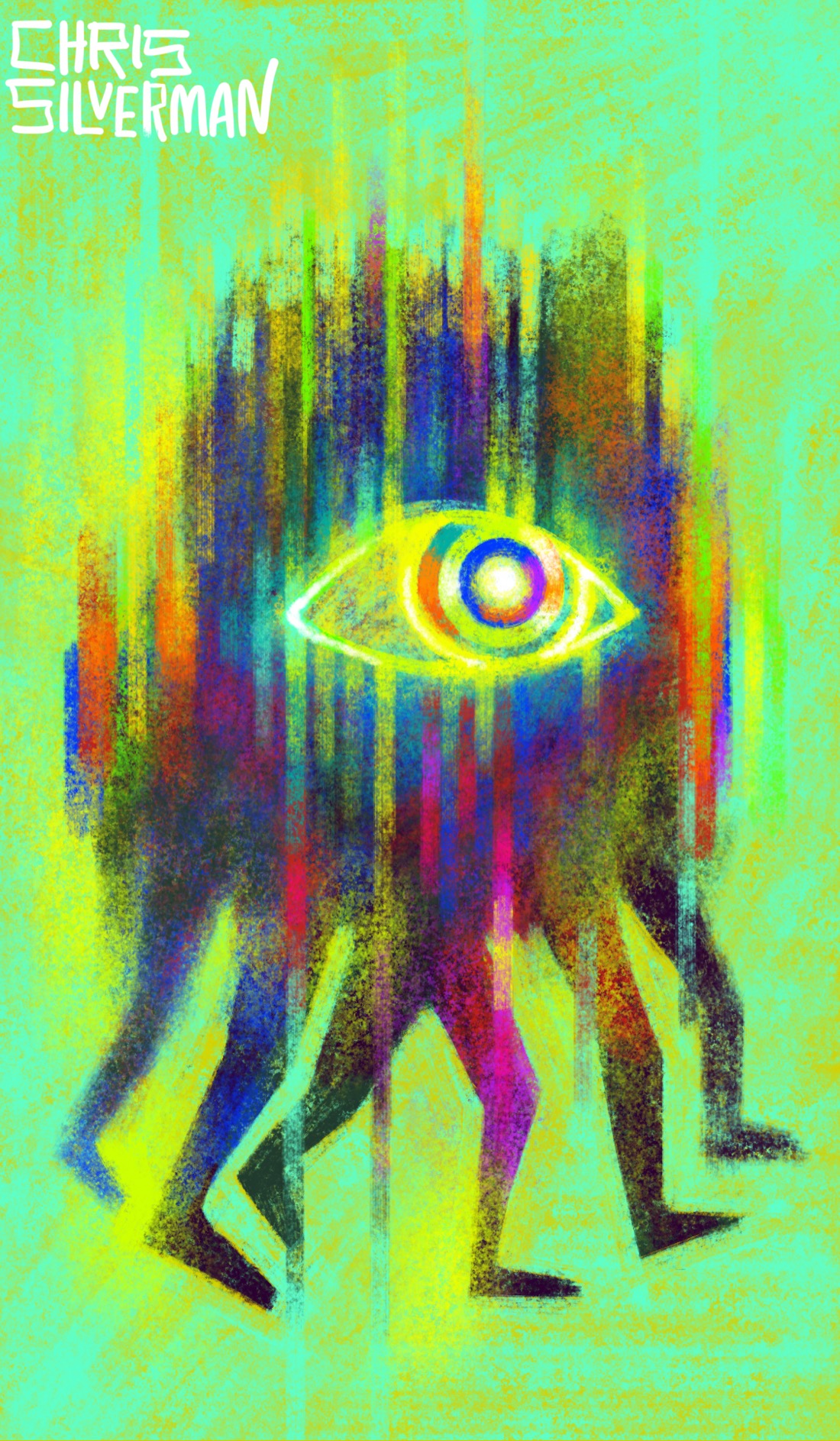 An amorphous blob comprised of precisely arranged vertical lines and a cacophanous blend of colors. The lines, while perfectly vertical and regularly positioned, have different heights and positions, suggesting digital video distortions or the raster lines on old cathode ray tube screens. The colors—where to start? Blue, red, crimson, green, and yellow, organized in a way that is somewhere between the dissonant opposite of a rainbow and what you see when you rub your eyes too hard. The blob has six human legs, as though it is several people walking together. In the center of it is a glowing, semi-white icon of an eye. All of this is on a searing blue-green background. The painting is signed “Chris Silverman”.