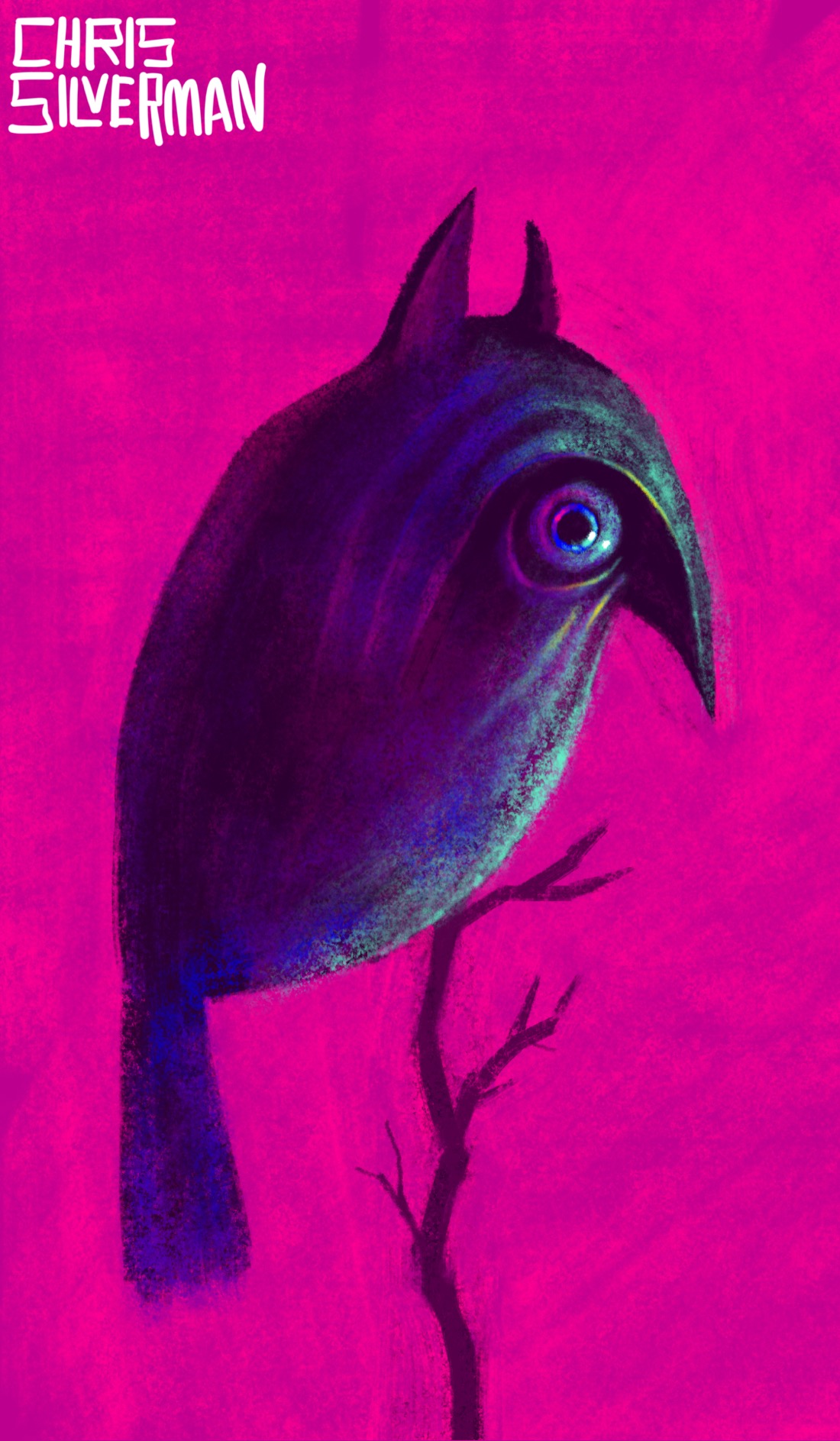 A small creature perched on a thin branch. The creature has horn-shaped ears, giving it a devilish appearance, a sharp curved beak seen in profile, and beady, round eyes. It is dark-colored, with iridescent tinges of indigo, blue, and green. Its eye is harshly shiny, with blue and crimson highlights. It has curved striations on its side, all of which make it look machinelike. It has a long tail and is sitting against a bright crimson background. The painting is signed "Chris Silverman".