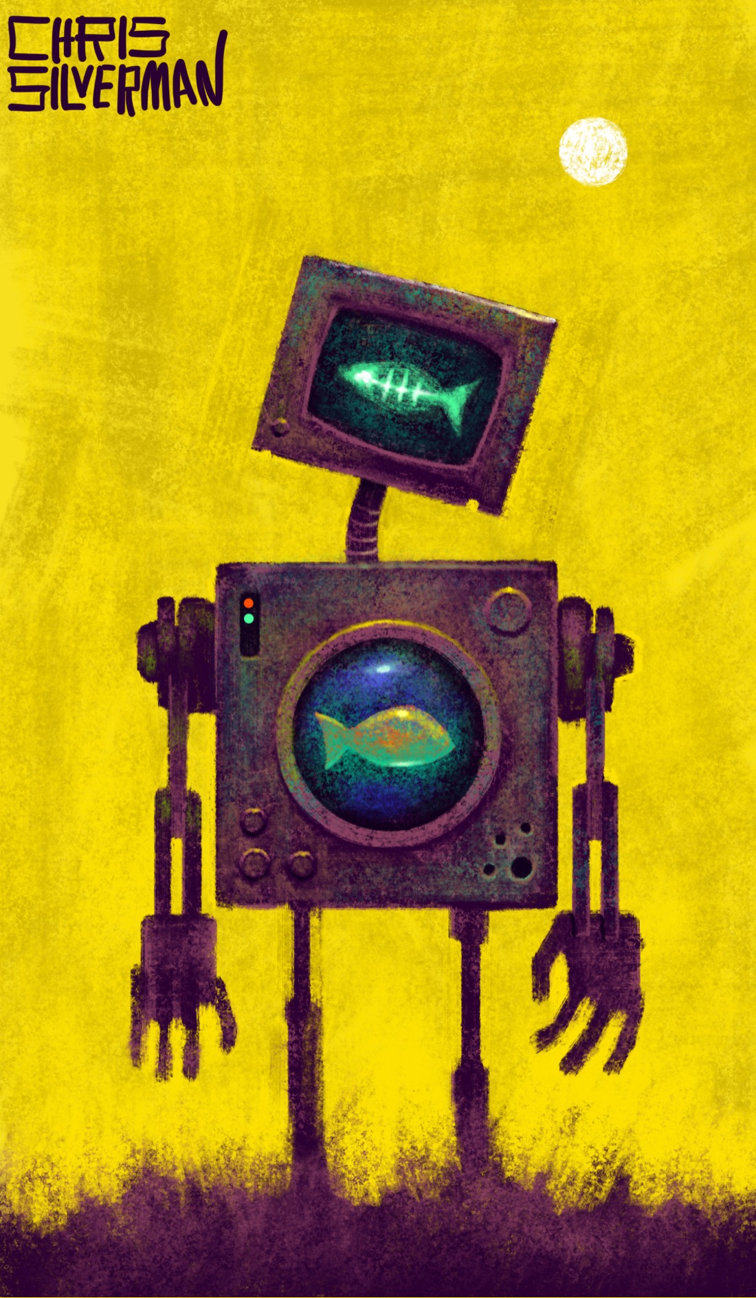 A boxy, dull purplish robot stands in dark purple grass against a bright yellow sky. In the top right of the sky is a white sun. The robot's body has a rusty, slightly iridescent texture. In the center is a circular porthole window, through which is visible a goldfish. The goldfish, lit from below with a greenish light, looks translucent. The porthole is surrounded by bolts and rusty holes. The robot's head has a television screen on it, which is displaying a green x-ray image of a goldfish, its skeleton visible. The robot has two long, mechanical arms. The painting is signed "Chris Silverman".