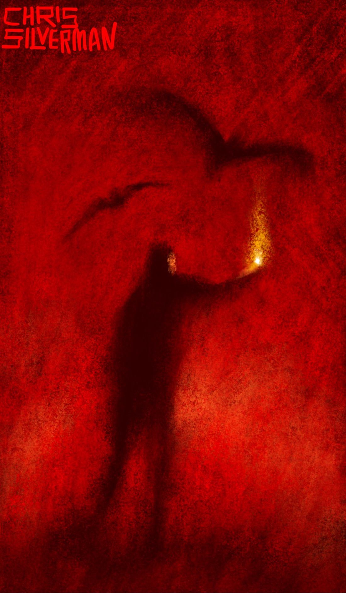 A dark, shadowy figure stands in a red space, holding out its arm. A small yellow flame rises from its hand. Seemingly drawm to the flame are two large, dark, blurry birds. The nearest one is bat-shaped. The painting is signed "Chris Silverman".
