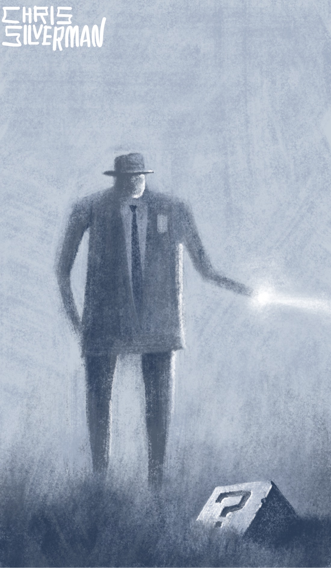 A gray scene that could be anywhere from twilight to late night. A person in a suit, a hat, and a badge stands in a dark gray grassy area, pointing a glowing white flashlight beam to the right. In front of them, partially embedded in the ground, is a stone cube with a question mark carved into it. The painting is signed "Chris Silverman".