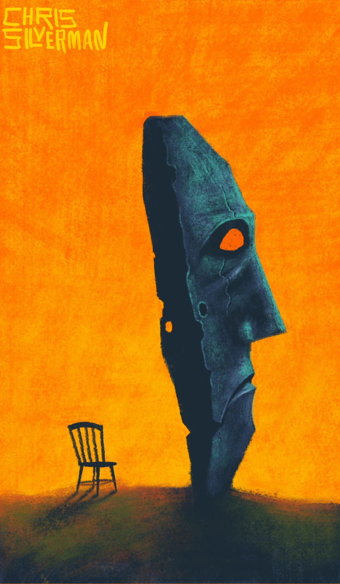 A barren hilltop, set against a yellow sky. The orange-gold color suggests dawn or dusk. Sticking out of the hilltop is a very large, building-sized metal mask. The mask is seen in profile, and has a cold, remote expression. It is a dark blue with the greenish tinge of tarnished metal, and has a few cracks. Directly behind it is a small normal-sized chair, that looks tiny by comparison. The hilltop itself is a dark greenish-brown. The painting is signed "Chris Silverman".