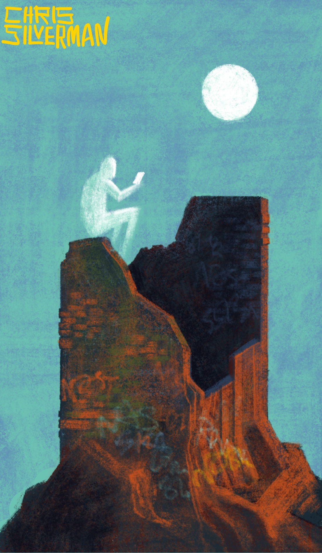 A ruined building sits on a rocky hill. The building is a small brick house with no windows, no roof, and crumbling walls with graffiti. The building is a rusty brick-brown color. The sky is the dull green-blue of evening, with a white full moon high in the right side of the sky. Sitting on the left wall of the building is a ghostly white figure, checking its phone. The painting is signed “Chris Silverman”.