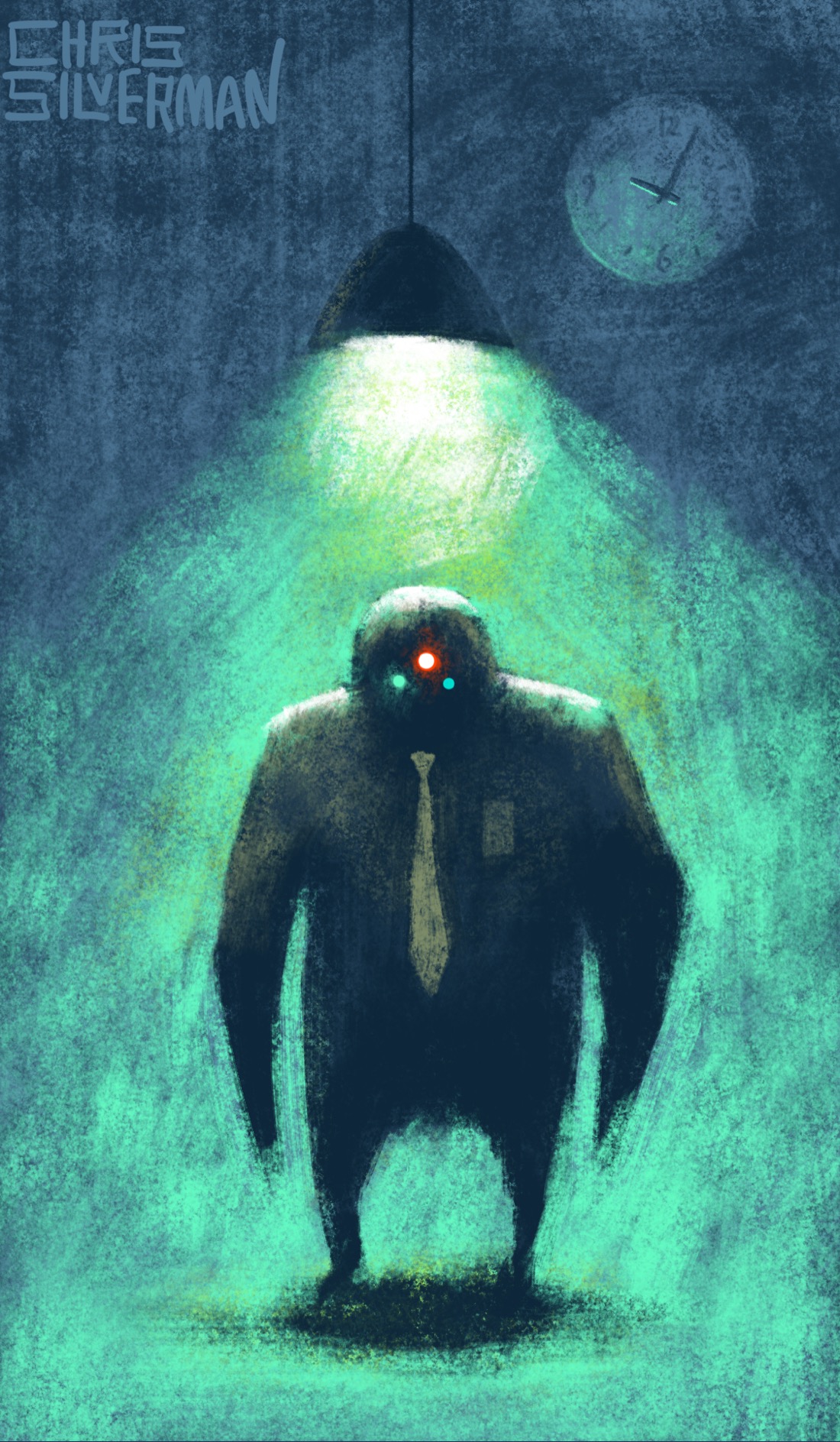 A hulking humanoid-but-not-quite-human creature stands in a dark gray space under a blazing green-white ceiling lamp. The cone of light pours down around it. It has a disproportionately large upper body, two huge arms, and two small legs. It is mostly in shadow. It is wearing a tan tie and a small ID badge of some sort. Where its face would be are three glowing lights: green, red, and blue. Behind it on the cold gray wall is a round analog clock showing 10:05. The painting is signed “Chris Silverman”.