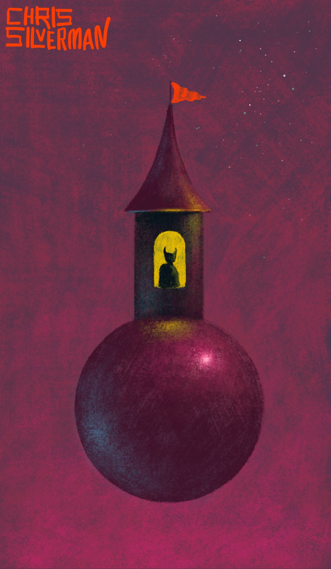 A round, perfectly smooth sphere hangs in a dull burgundy space. Sitting on top of the sphere is a small, dark, cylindrical house with a tall conical maroon roof. At the top of the roof is a red orange pennant. The house has a large arched window. Silhouetted in it, against a bright yellow interior, is the shape of a figure with two pointy horns. There appear to be two sources of light: a bright one in the top right, and a duller bluish one in the lower left. There's a scattering of dull stars in the top right of the sky. The painting is signed "Chris Silverman".