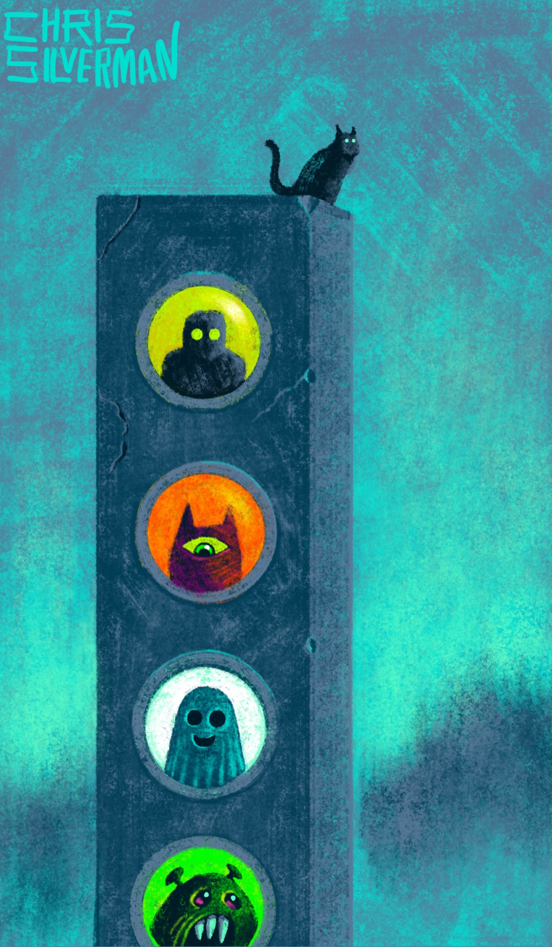 A weird, narrow skyscraper with four round windows, one for each floor. The top window is eerie green, with a green-eyed creature looking out of it. The window below that is orange, and has a dark reddish creature with two pointed ears, and one glowing green eye. The next window is white, and has a blue ghost. The window below that, which is partly cut off, is bright green and has some sort of howling monster with long fangs. A black cat sits on top of the roof. In the background, no other buildings are visible. The sky is a dull, cloudy greenish gray. A wooded treeline is visible. The painting is signed "Chris Silverman".
