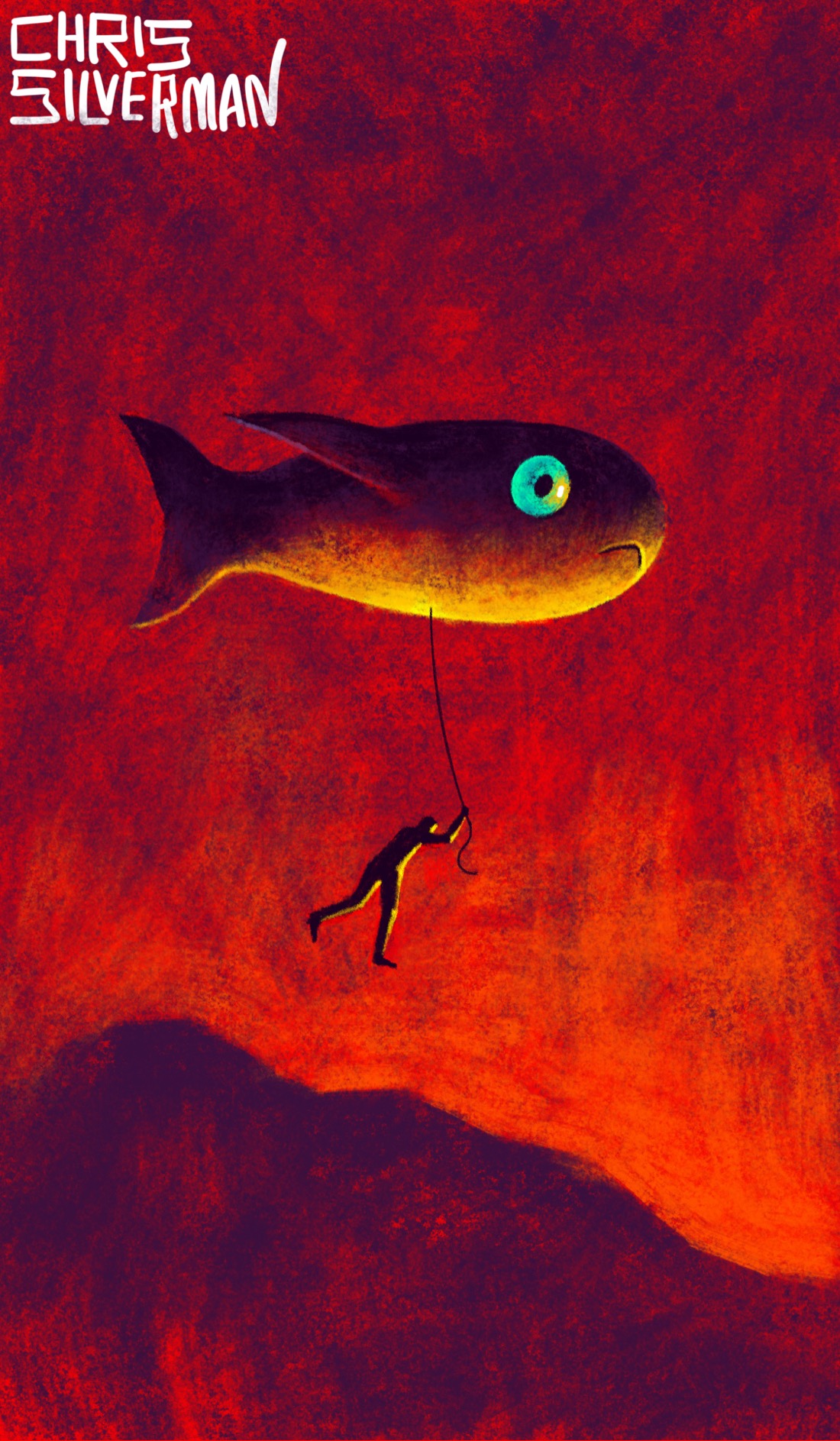 A large balloon that looks like a fish floats over a rocky, dark purple hill. The fish has an iridescent, nearly glowing blue eye. Holding on to a cable dangling from the fish is a person, swinging through the air several feet above the ground. The sky is a bright red, and the underside of the fish balloon is lit yellow with sunlight. The painting is signed "Chris Silverman".