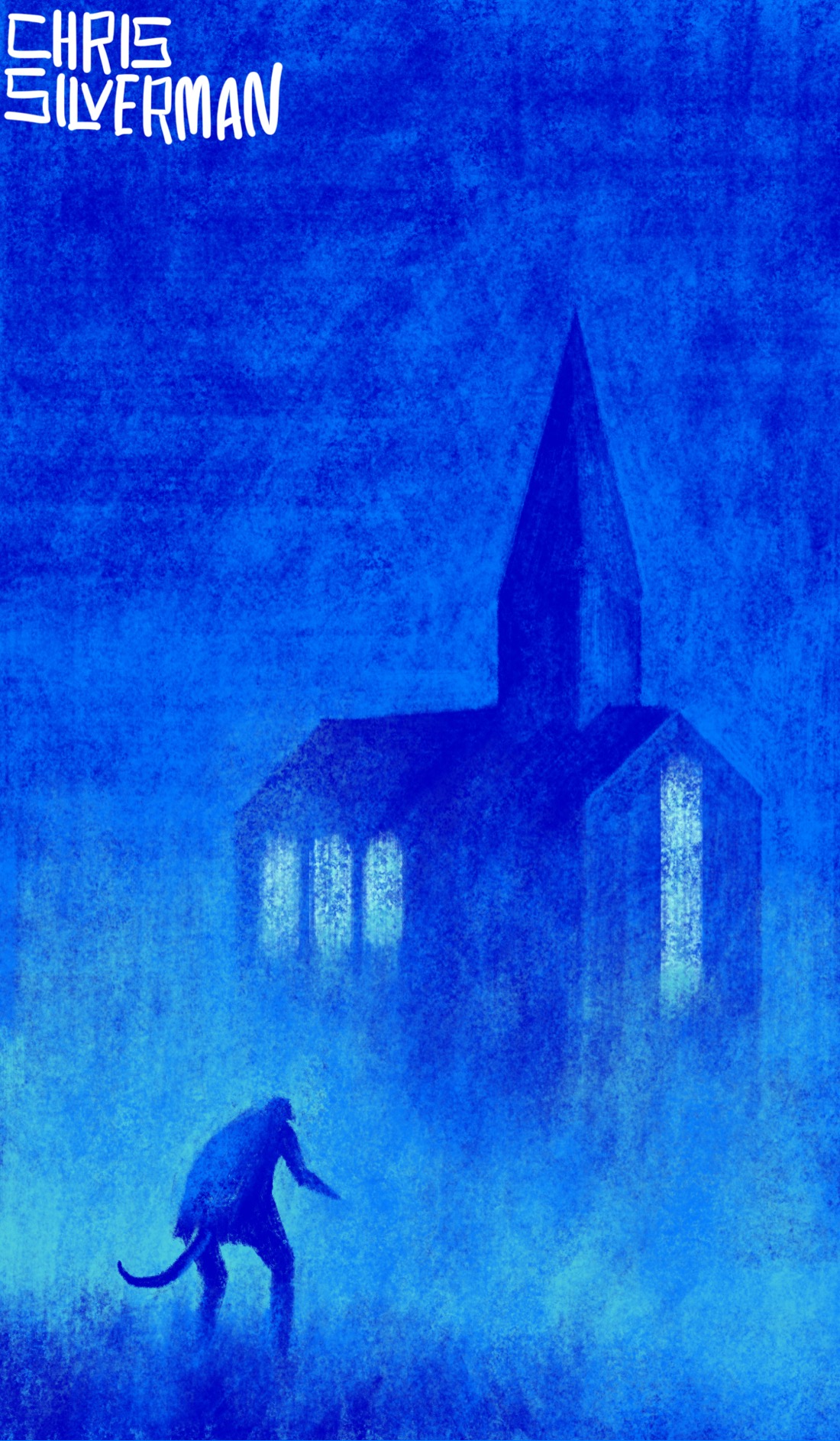 A blue, foggy scene at night. Looming out of the fog is a church, several windows glowing with an eerie blue light. Approaching the church in the foreground is a hunched-over creature with a long tail, arms out. The painting is signed “Chris Silverman”.
