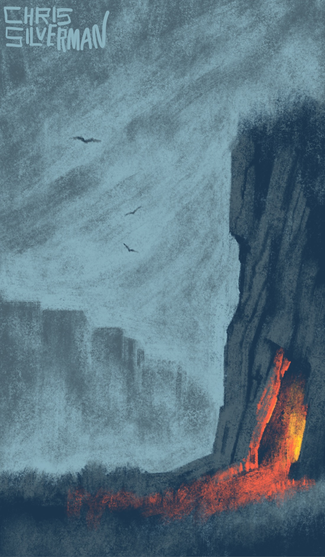 A gray, cloudy day. In the background is a range of steep cliff faces. In the foreground is a smaller cliff face, at the base of which is the opening of a cave. Reddish-yellow firelight comes from within, spilling out onto the gray grass. In the sky above, several hawks coast on the wind. This is a predominantly gray painting; the only color comes from the firelight. The painting is signed "Chris Silverman".