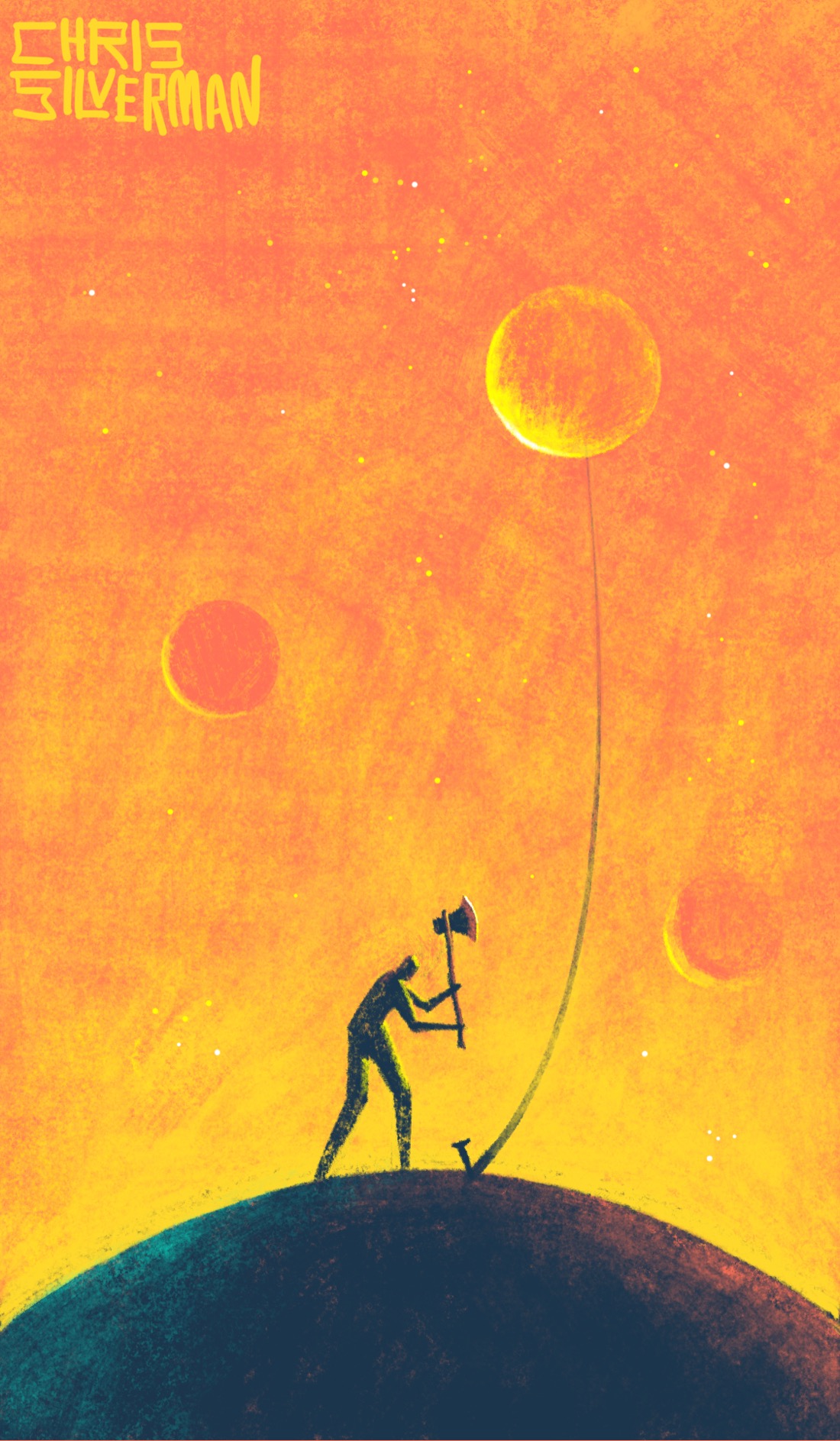 A person stands on the surface of what looks like a very small and barren planet. The surface is black, with a slight bluish tinge on the left side and a reddish tinge on the right. The curvature of the planet is clearly visible. Anchored to the planet by a long string and peg is another small planet a short distance away, hanging in the reddish-yellow sky. The left crescent edge of the planet is glowing yellow from sunlight. Two other similar-sized planets are visible in the sky, but not connected to anything. A few stars are visible. The painting is signed "Chris Silverman".