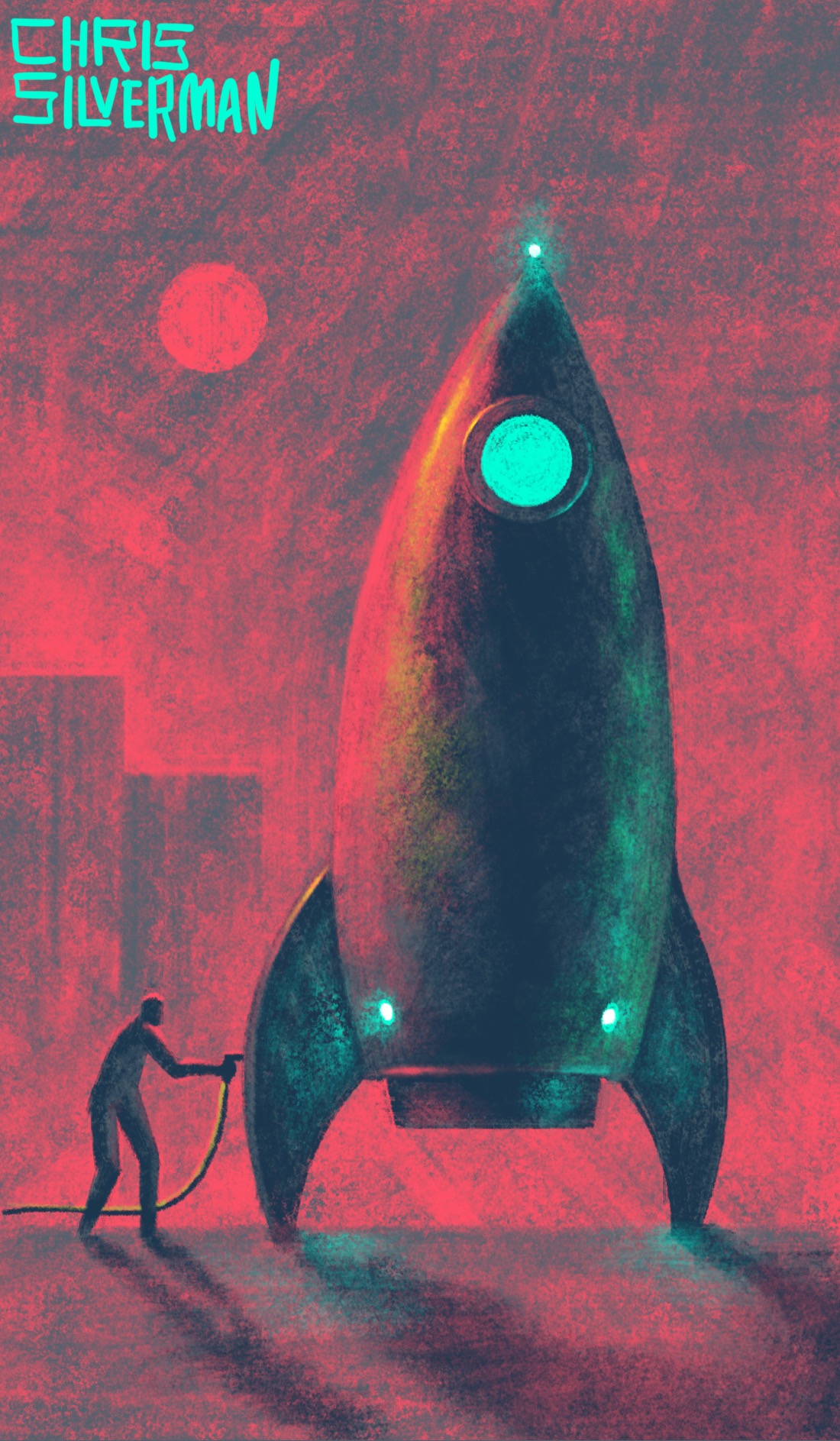 A large rocket ship sits on a flat tarmac under a dull red sky and a dull red sun. It is tall and bullet-shaped, and rests on two fins. Two small glowing blue lights are at its base, and another such light is on its nose. At the top is a single round blue window. The rocket's left side is lit a reddish-yellow from the sunlight; its right side is lit greenish blue from an unseen light source. On the ground, someone is fueling up the rocket with what looks like a hose from a gas pump. Two tall buildings that look like office towers or tenements are visible in the distance. The painting is signed "Chris Silverman".