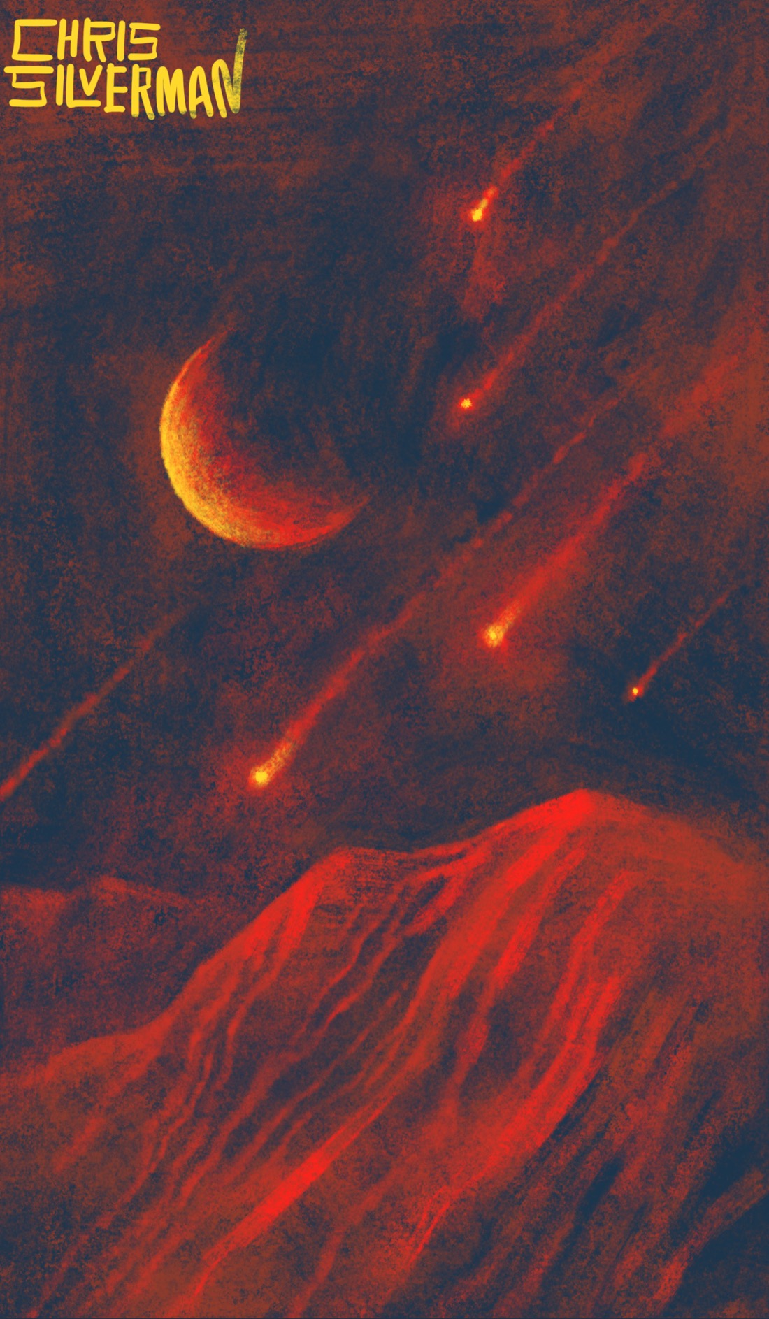 A craggy red mountain range under a red-yellow moon and a dark sky. Blazing through the sky, leaving red trails, are a number of meteors, glowing yellow. The painting has a brownish, hazy quality to it. It is signed "Chris Silverman".