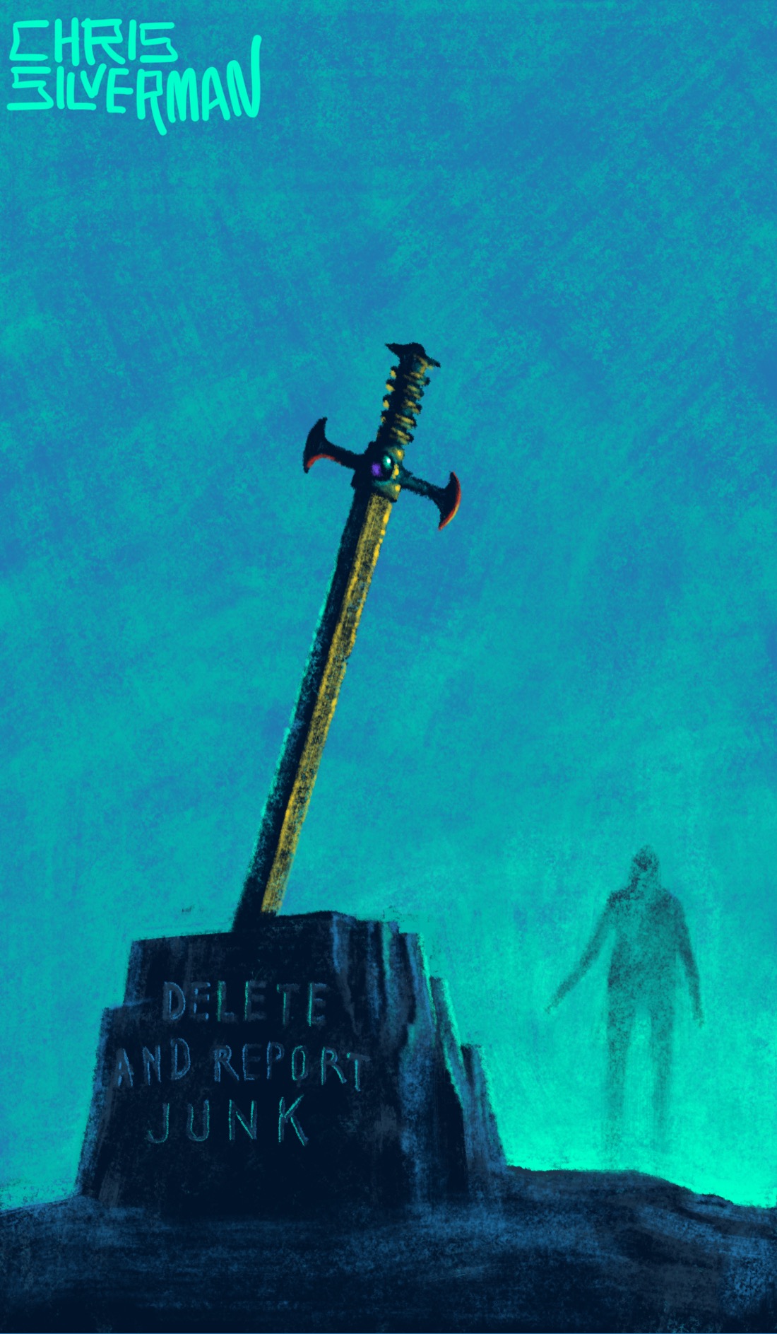 A dull blue hour. In the foreground, sticking out of a rock, is a majestic sword with a shining golden blade and intricate handle with an inset purple jewel. Carved on the rock is the legend "Delete and Report Junk". In the distance, a blurry silhouette approaches the Sword of Delete and Report Junk. The painting is signed "Chris Silverman".