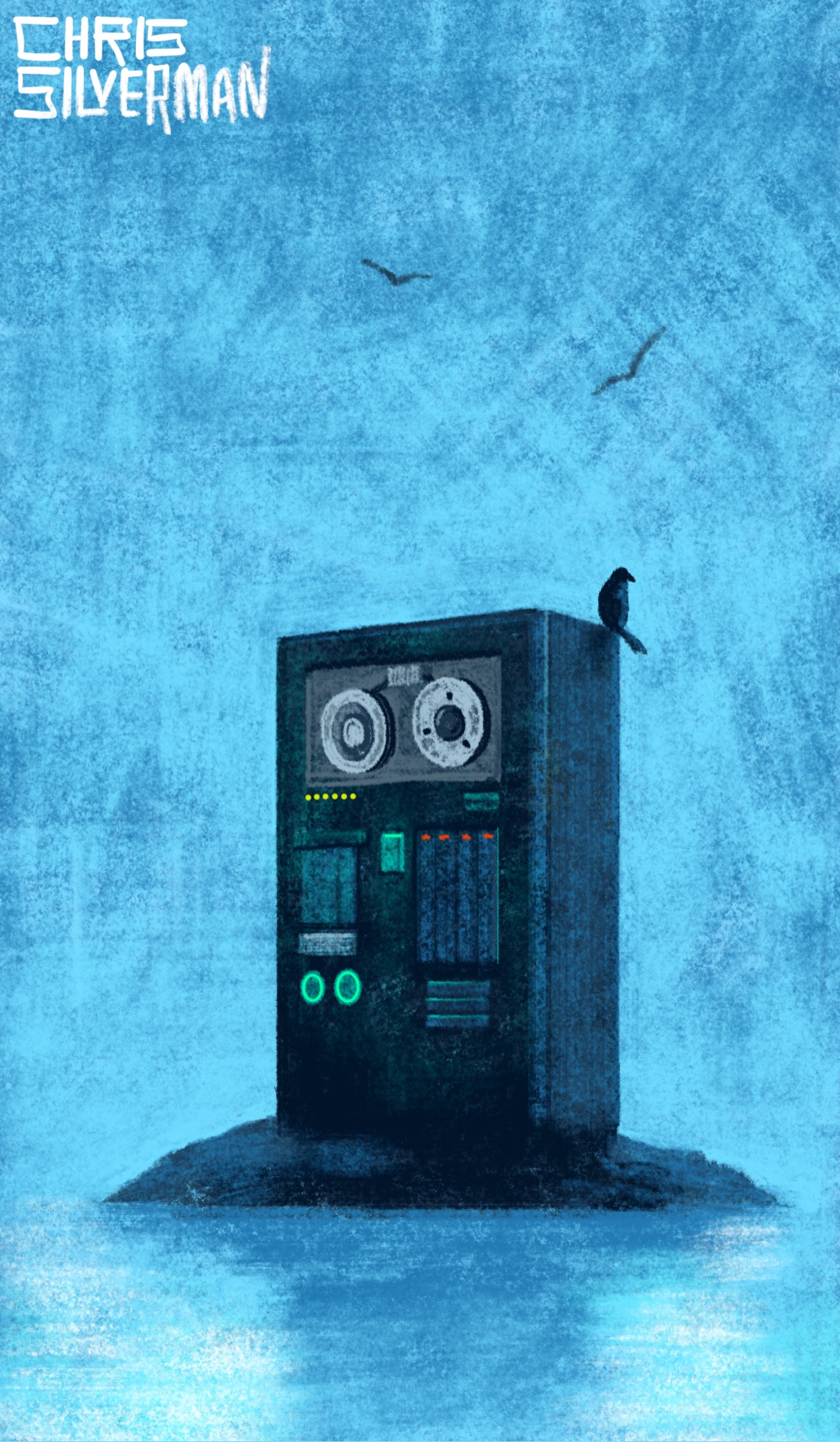 A concrete mainframe computer the size of a vending machine sits on a tiny, barren island in the middle of a vast blue expanse. The front of the computer has a large gray tape reel and various controls and displays. A few birds circle above. One of the birds is sitting on top of the computer. The painting is signed "Chris Silverman".