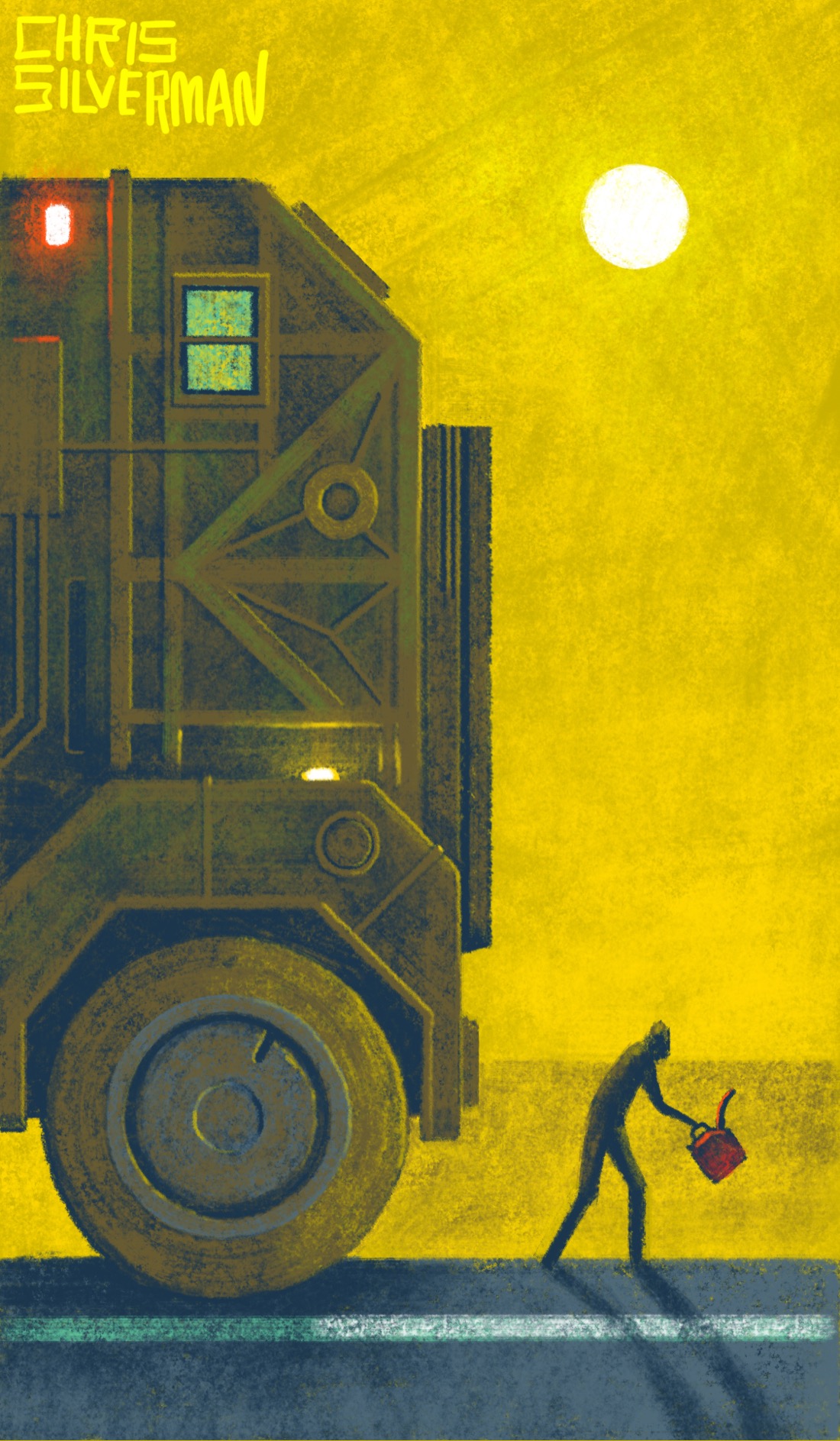 A huge, brown, heavy vehicle sits on the side of the road in the middle of the desert, under a yellow sky and a blazing white sun. The side of the vehicle is crisscrossed with metal beams and striations. While we only see the front of it, it looks like it's designed to survive the end of the world. Its front wheel is as tall as a person. There is only one small green window visible on the side. On one fender is mounted a glowing orange light. A glowing red light sits higher up. Walking away from the vehicle, down the road, is a person carrying a red fuel can. The painting is signed "Chris Silverman".