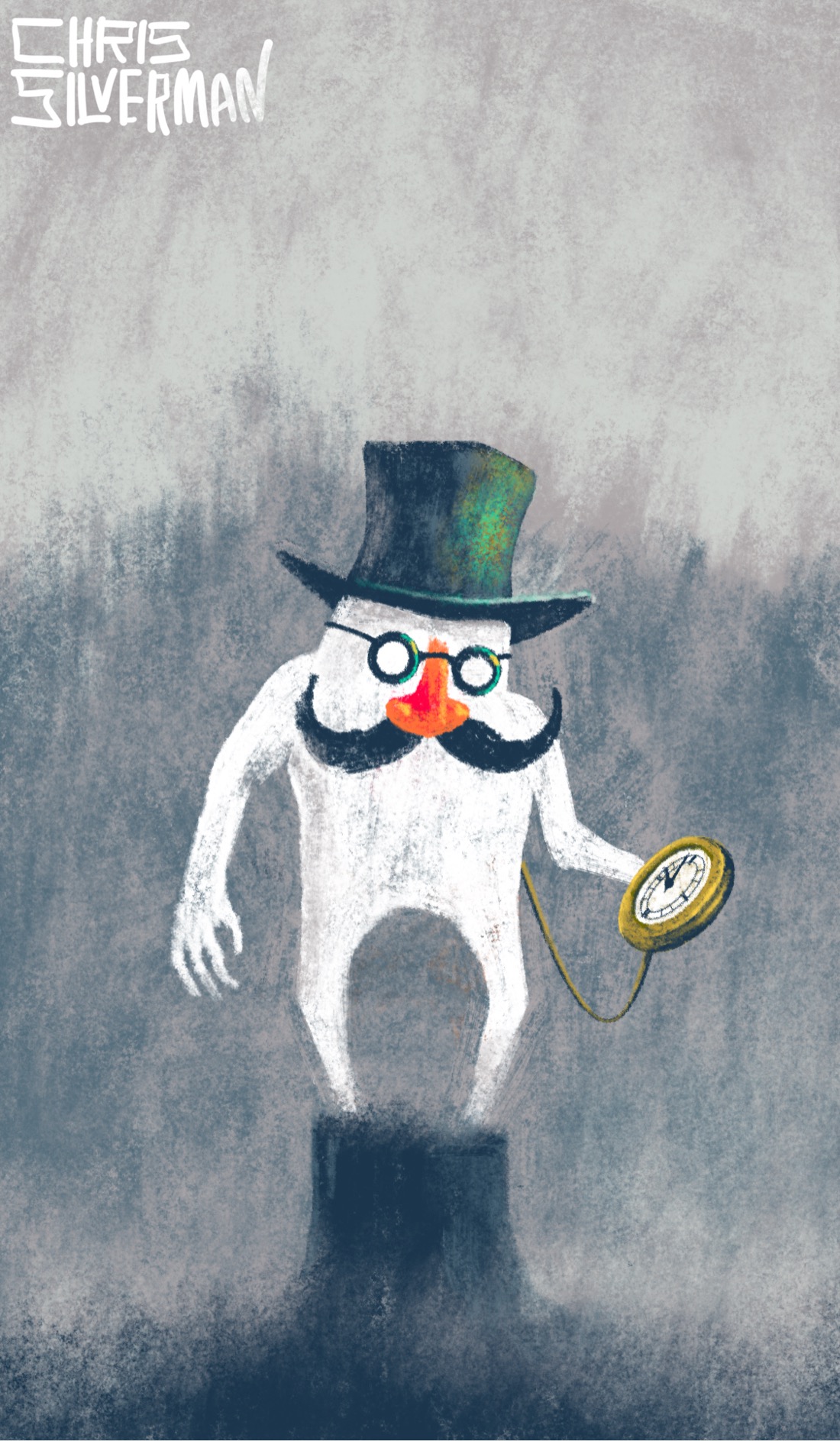 A dull, gray, foggy day. A gray row of trees is visible in the background. In the foreground is a dark tree stump sticking up out of the hazy ground. Standing on the stump is a short, white figure with unusually long arms. The figure wears a black top hat with an iridescent green sheen. It is also wearing what looks like a dollar-store disguise: a pair of glasses with a cartoonish orange nose and a thick black mustache. It is glancing at a gold pocket-watch. The painting is signed "Chris Silverman".