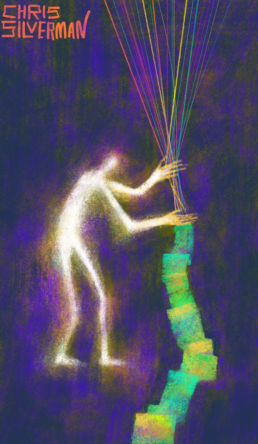 A glowing white figure on a dark background gathers together many colored threads. The figure has long arms and fingers that seem to act as a loom. Falling from its hands is a long, woven, greenish-yellow bolt of cloth. The painting is signed "Chris Silverman".