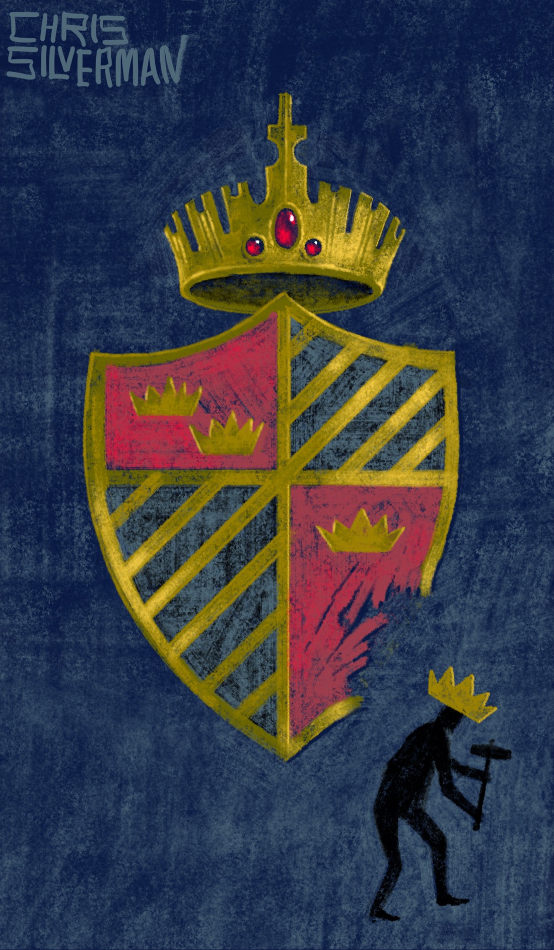 A large coat of arms, hanging in a dark blue space. The coat of arms is quarterly per pale and per fess Or and Gules, first and fourth Gules two crowns in fess Or, second and third Azure bendy of six Or; overall ensigned with a crown Or jewelled Gules. That is, it's a shield divided into four quarters. The top left and lower right quadrants are red with two gold crowns; the top right and lower left quadrants are  blue with gold diagonal bars. Above the shield is a heavy gold crown with red jewels. The lower right quadrant, however, has a big chunk hacked out of it, with a small, shadowy, hammer-wielding figure wearing one of the crowns stolen from the shield. There's no blazon terminology for this. The painting is signed "Chris Silverman".