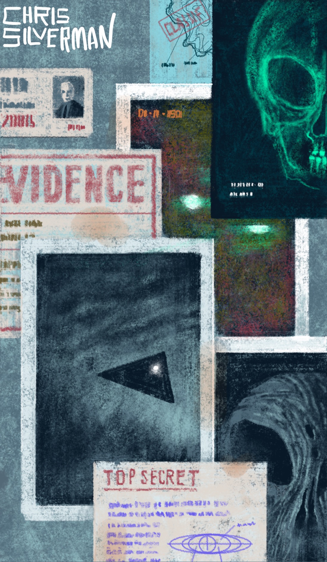 A spread of photos and papers that look like they're fixed to a gray wall or a bulletin board. It's an eerie collection of items: grainy photos of lights in the sky and a triangular craft; a green X-ray of a head that does not look human; a black and white photo of a mummified head that looks distinctly alien; a sheet with "Evidence" on it in large red letters; another sheet with mimeographed purple writing, an indeterminate diagram, and a red heading of "Top secret"; and an ID badge. The painting is signed "Chris Silverman".