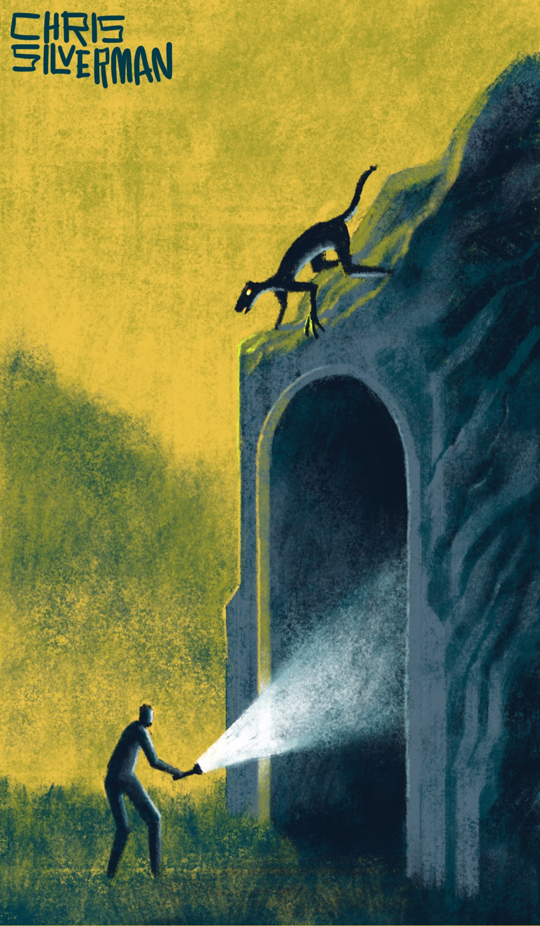 A remote landscape under a yellow sky. A small figure shines a blazing white flashlight beam into a gaping tunnel entrance carved into craggy gray rock. In the background is a blurry greenish suggestion of a wooded mountainside. Crouched on the rock directly above the tunnel, and looking all too close to pouncing, is a lithe dark-colored animal that, despite its long tail and an elongated head, looks eerily humanoid. The painting is signed "Chris Silverman".