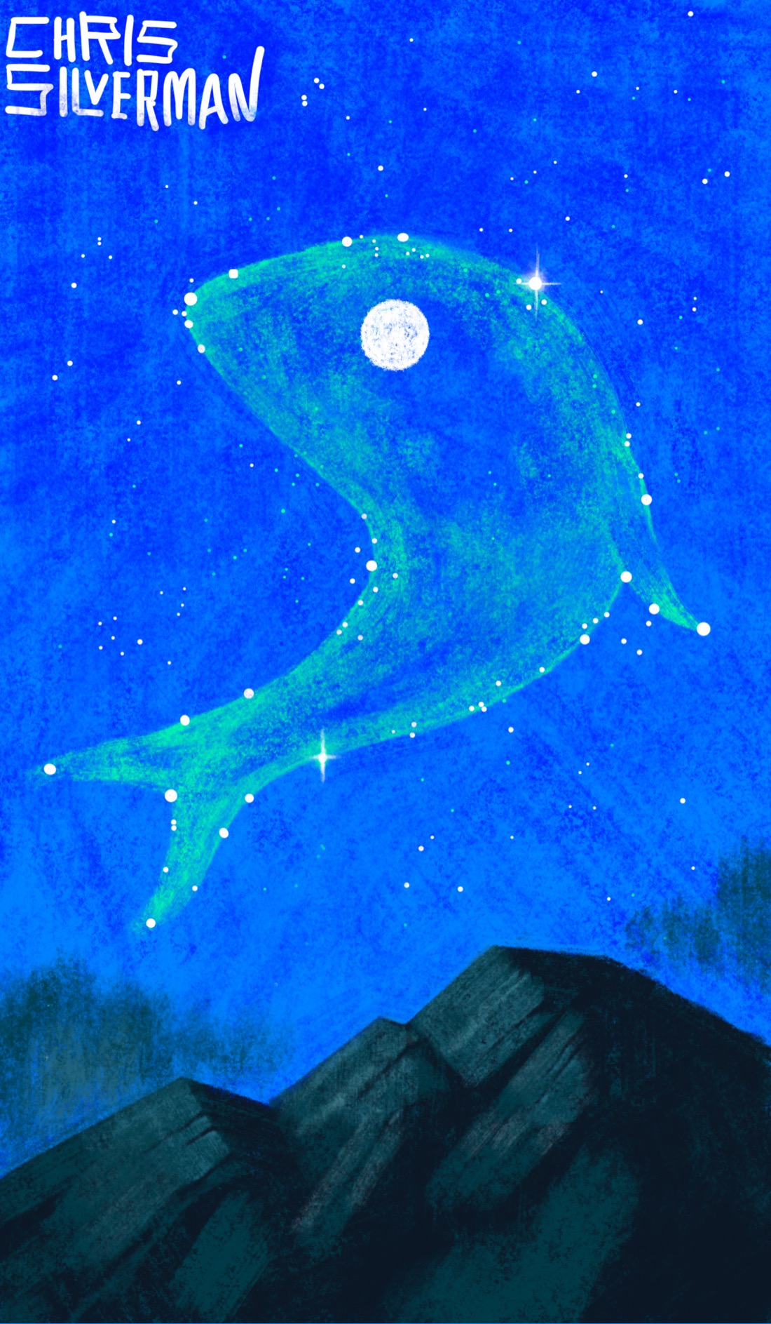 A clear, starry night sky. The sky is a deep blue and covered with stars. Floating in the sky is the huge, ghostly form of a fish, outlined in iridescent green. Where the fish's eye would be is a white full moon. A number of the stars sit along the outline, defining it. Below is a remote, craggy mountain peak, with a dark blur of a treeline in the background. The painting is signed "Chris Silverman".