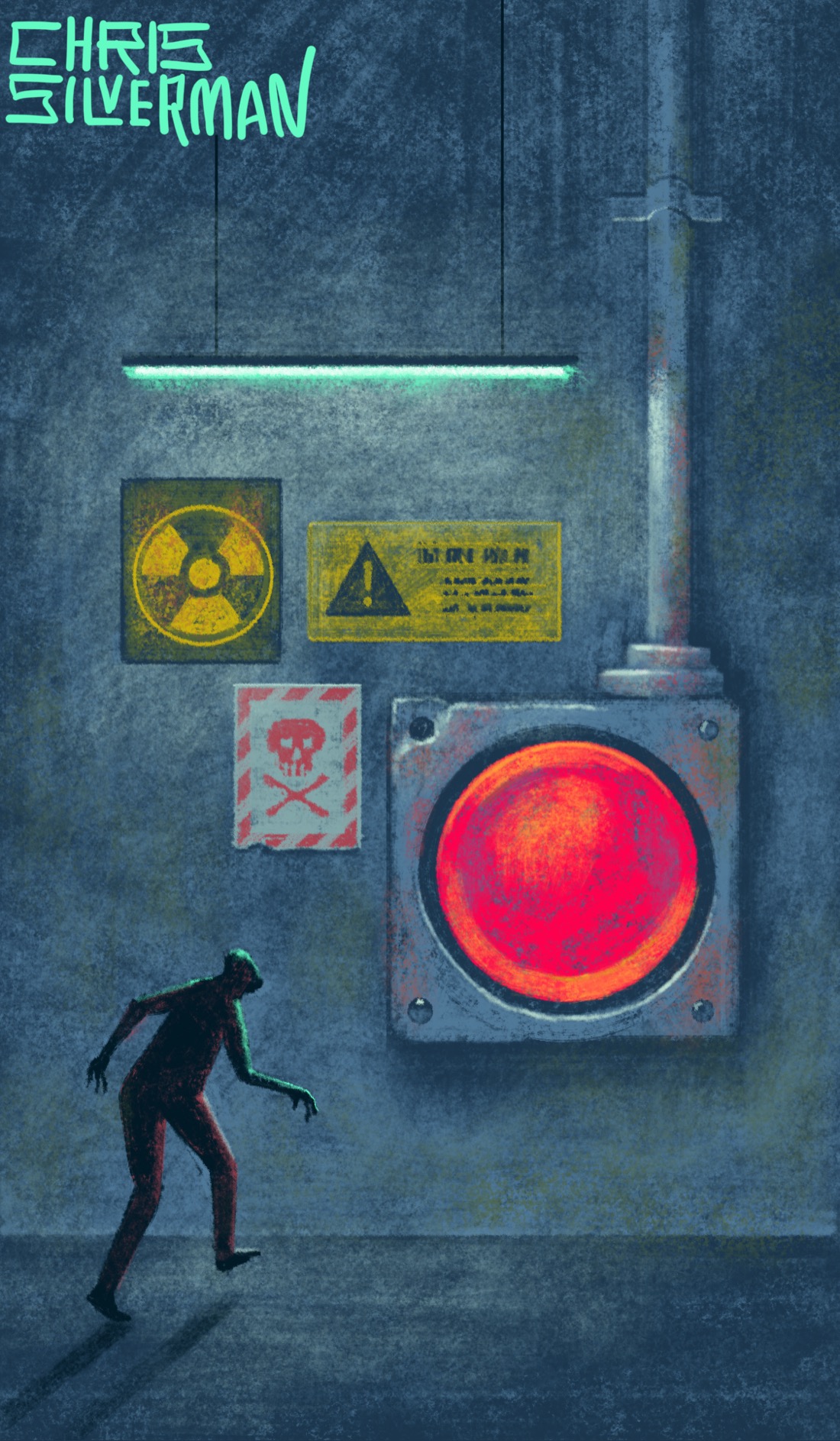 A dismal gray concrete room somewhere, probably underground. The scene is greenishly illuminated by one long fluorescent bulb suspended from an unseen ceiling. Fixed to the wall is an enormous  round red button the size of a washing machine, mounted on a square metal box with four bolts. A thick pipe leads from the box up to the ceiling. To the left of the box holding the button are three ominous signs: a yellow sign with a triangular warning icon and illegible text; a dark sign with the radioactive symbol on it; and a white sign with a dashed red border and a skull and crossbones icon. This button, whatever it is, is not to be trifled with. Approaching the button to trifle with it is a dark human figure. The painting is signed "Chris Silverman".