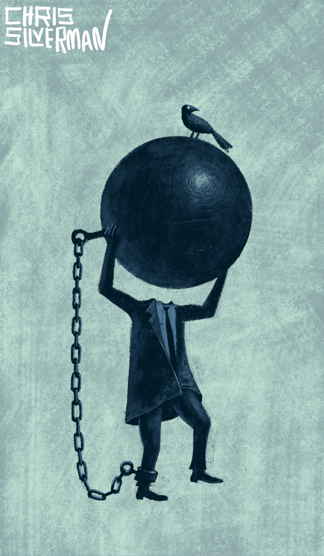 A small figure wearing a suit and tie hoists a giant iron ball that's nearly as tall as it is over its head. However, it doesn't have a head, so the ball is where its head would be. Its left leg is chained to the ball. Perched on top of the ball is a black bird with a long tail. The ball itself is scratched and dented. The figure stands in a pale green space devoid of anything else. The painting is signed "Chris Silverman".