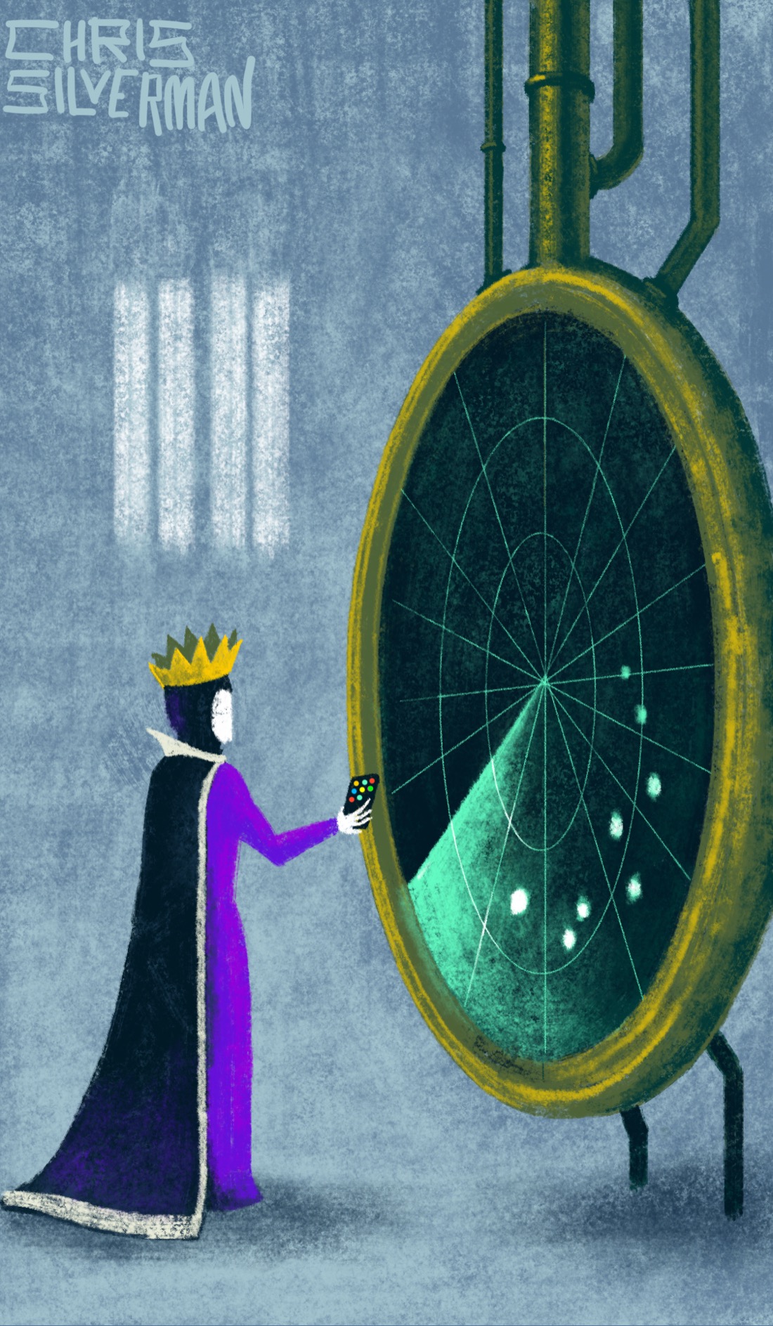 A person wearing a flowing black cloak, a long purple dress, and a golden crown stands in a gray room in front of a huge circular radar display. The radar display has a heavy gold frame and several pipes leading up to the ceiling. On screen, the glowing green beam has just swept past eight white-green dots. The scene looks very much like the wicked queen from Snow White gazing into the mirror, except she's holding an iPhone. In the background are four tall, white, blurry windows. The painting is signed "Chris Silverman".