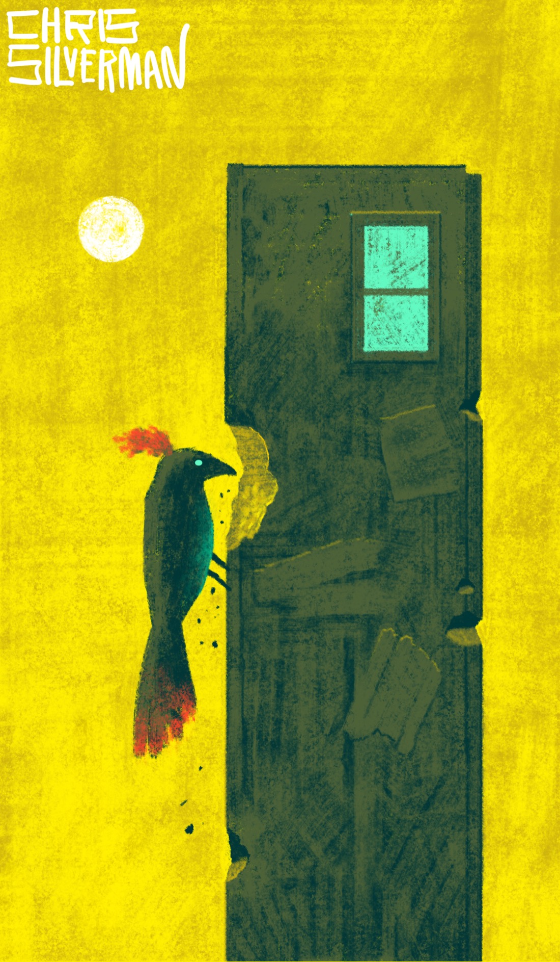 A tall, thin skyscraper stands against a bright yellow sky. This is not the most inspiring of skyscrapers: drab-colored and skinny, with only one blue window at the top right. Pits, scars, and patches line its sides. The biggest scar, however, is being actively created by a large woodpecker-like bird perched on the left side of the building. The bird is pecking a giant gouge into the building's corner. The bird is mostly dark, with an iridescent green stomach, a red-tinged tail, and a red plume on top of its head. In the top left of the sky is a round white sun. The painting is signed "Chris Silverman".